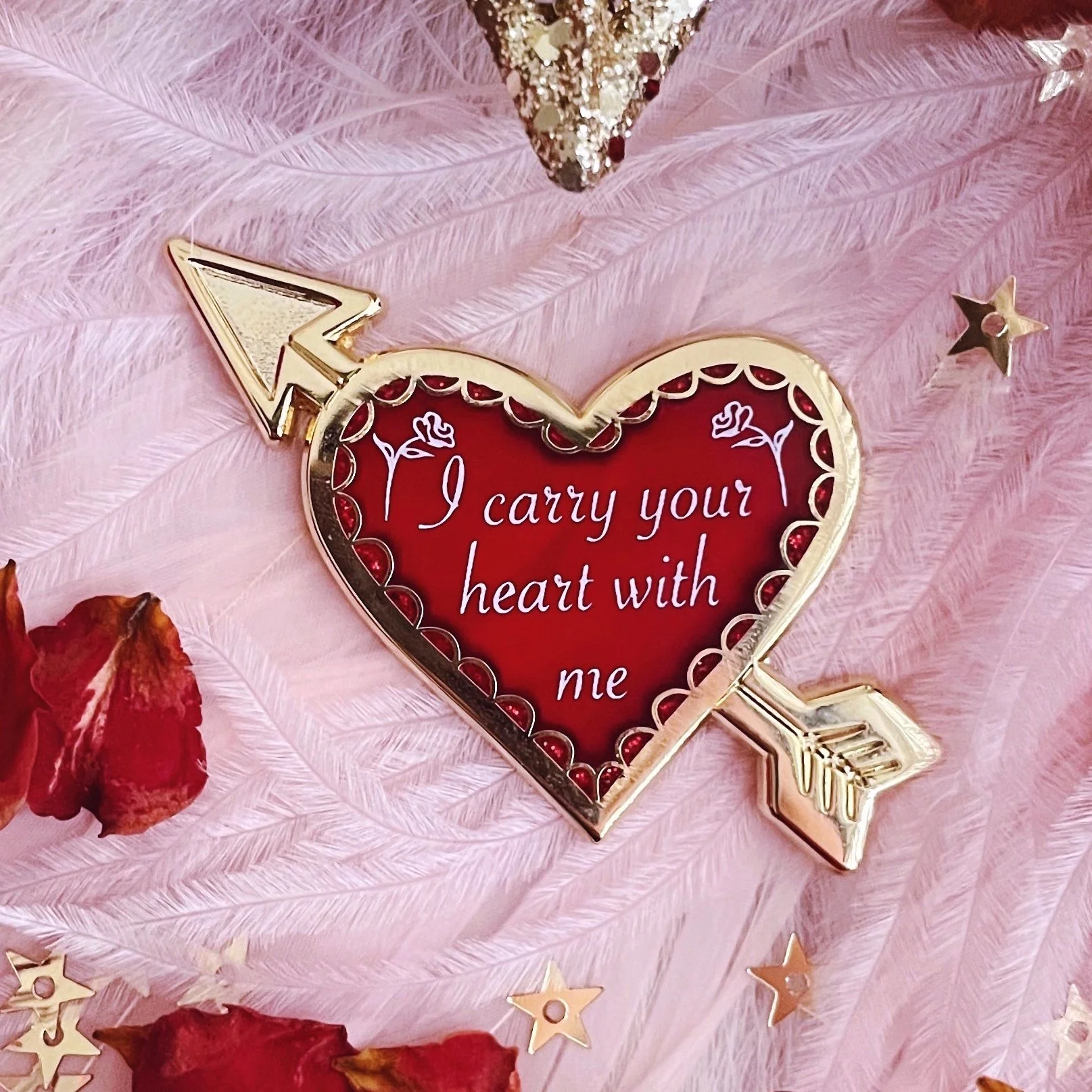 i carry your heart with me gold red stained glass glitter e. e. cummings quote enamel pin by lilly baik.