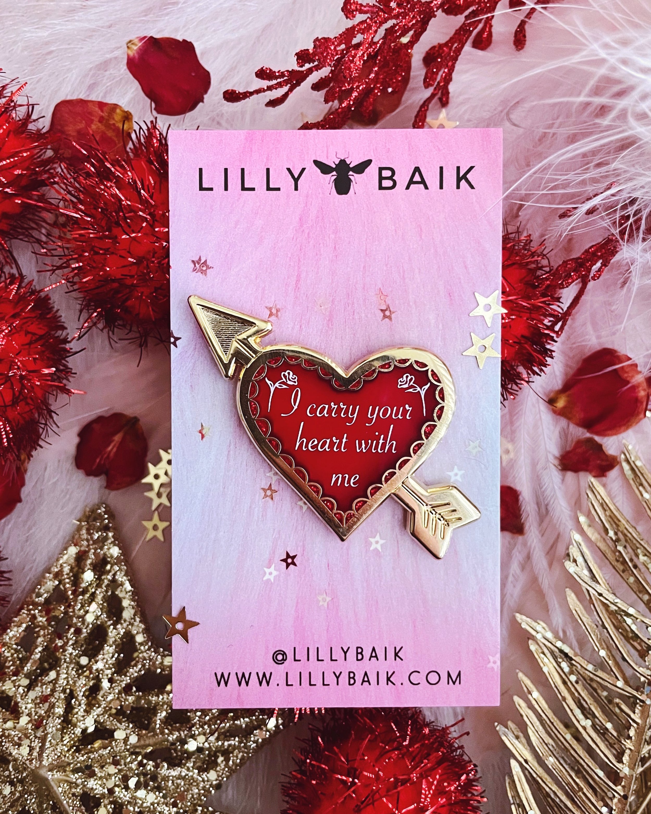 i carry your heart with me gold red stained glass glitter e. e. cummings quote enamel pin by lilly baik.