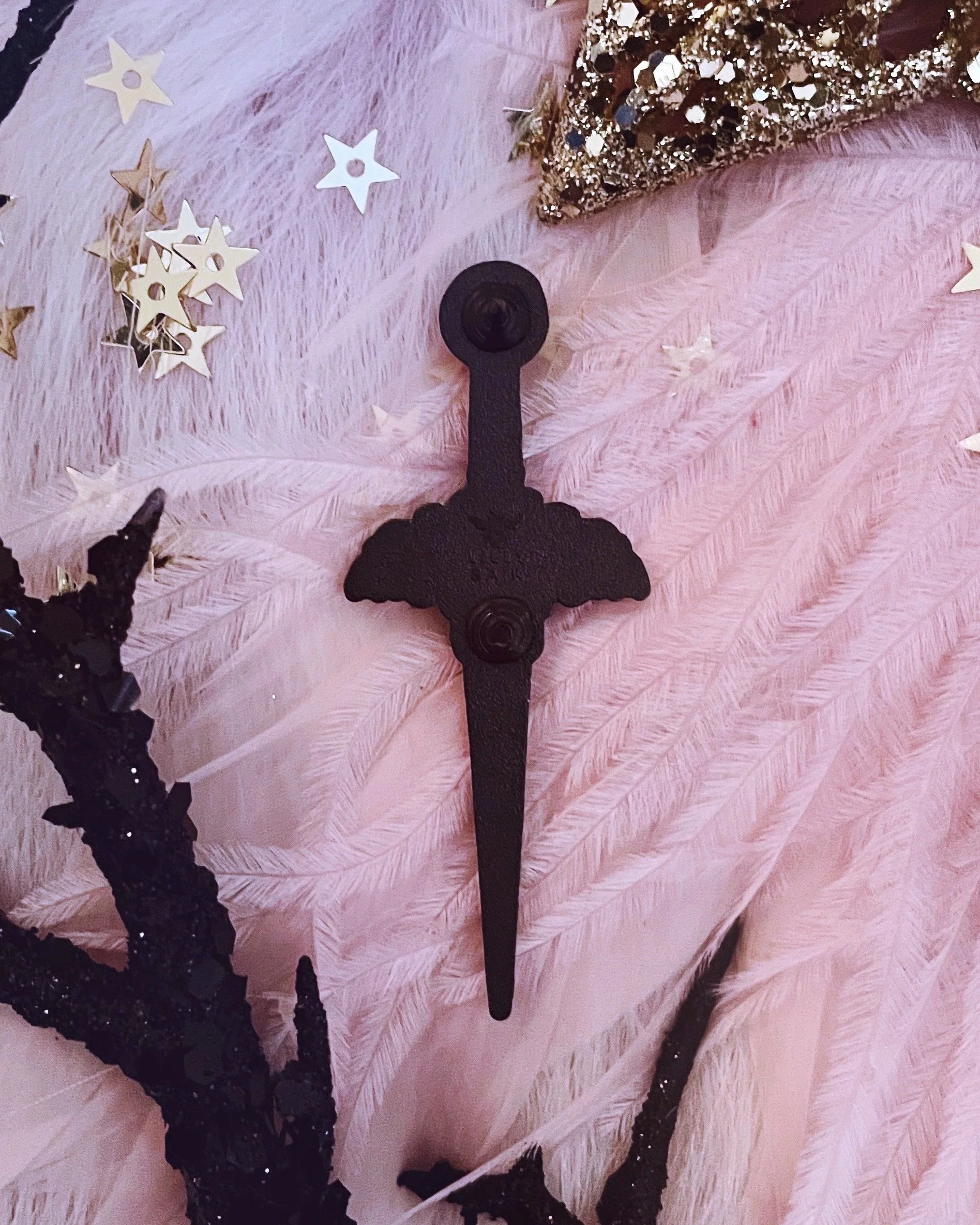 antique bee sword 3D pin, celestial honey bee floral roses opal magic lapel pin by lilly baik.