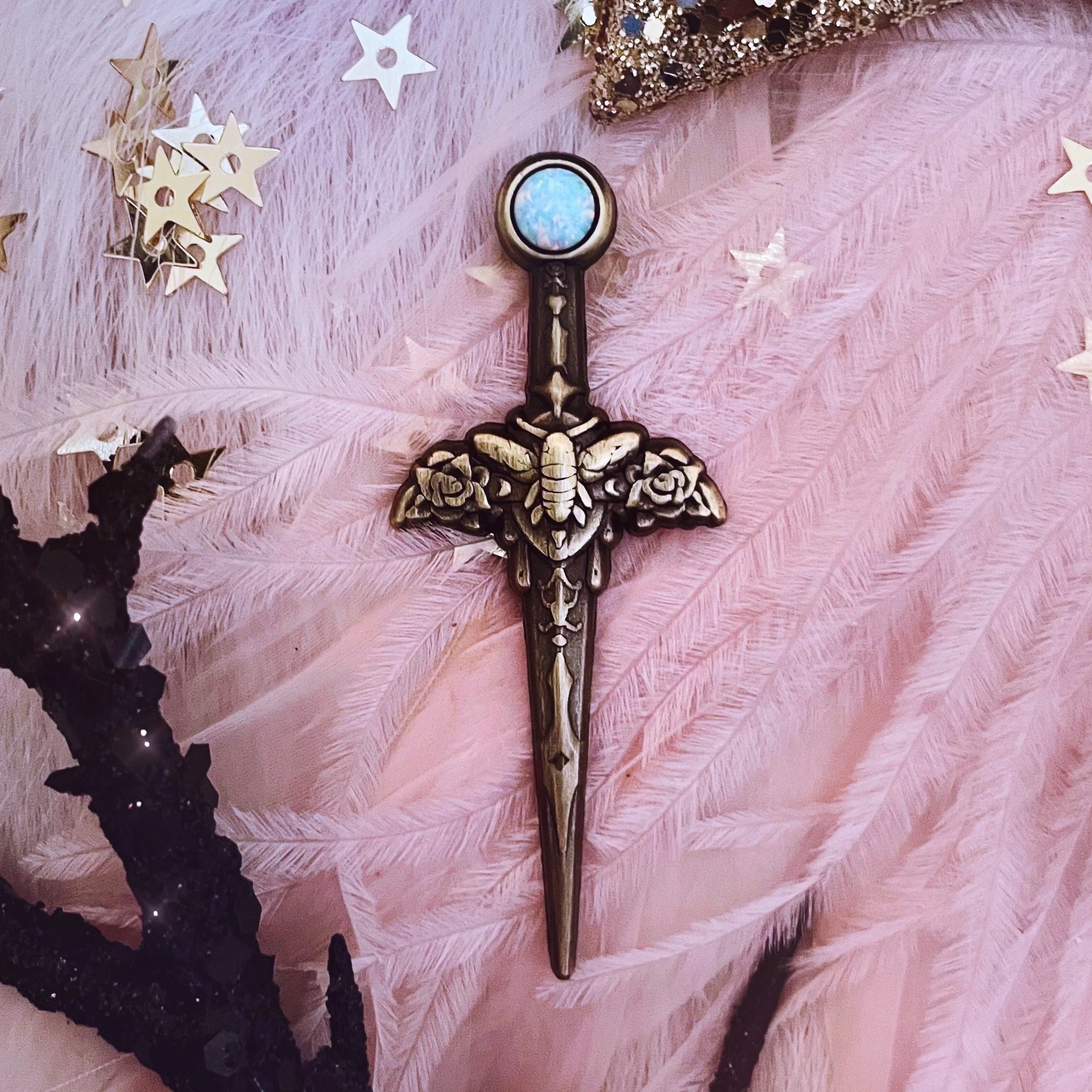 antique bee sword 3D pin, celestial honey bee floral roses opal magic lapel pin by lilly baik.
