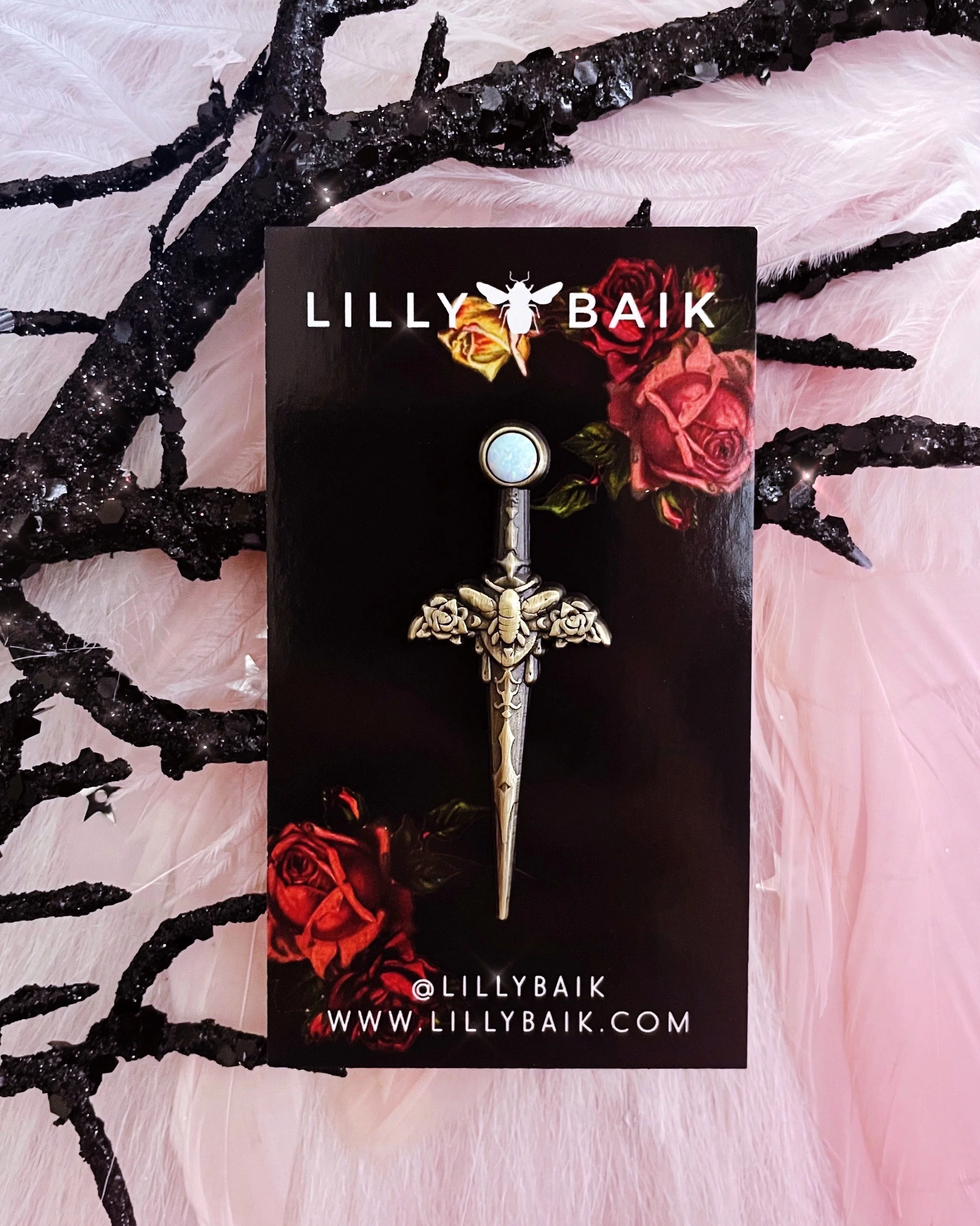 antique bee sword 3D pin, celestial honey bee floral roses opal magic lapel pin by lilly baik.