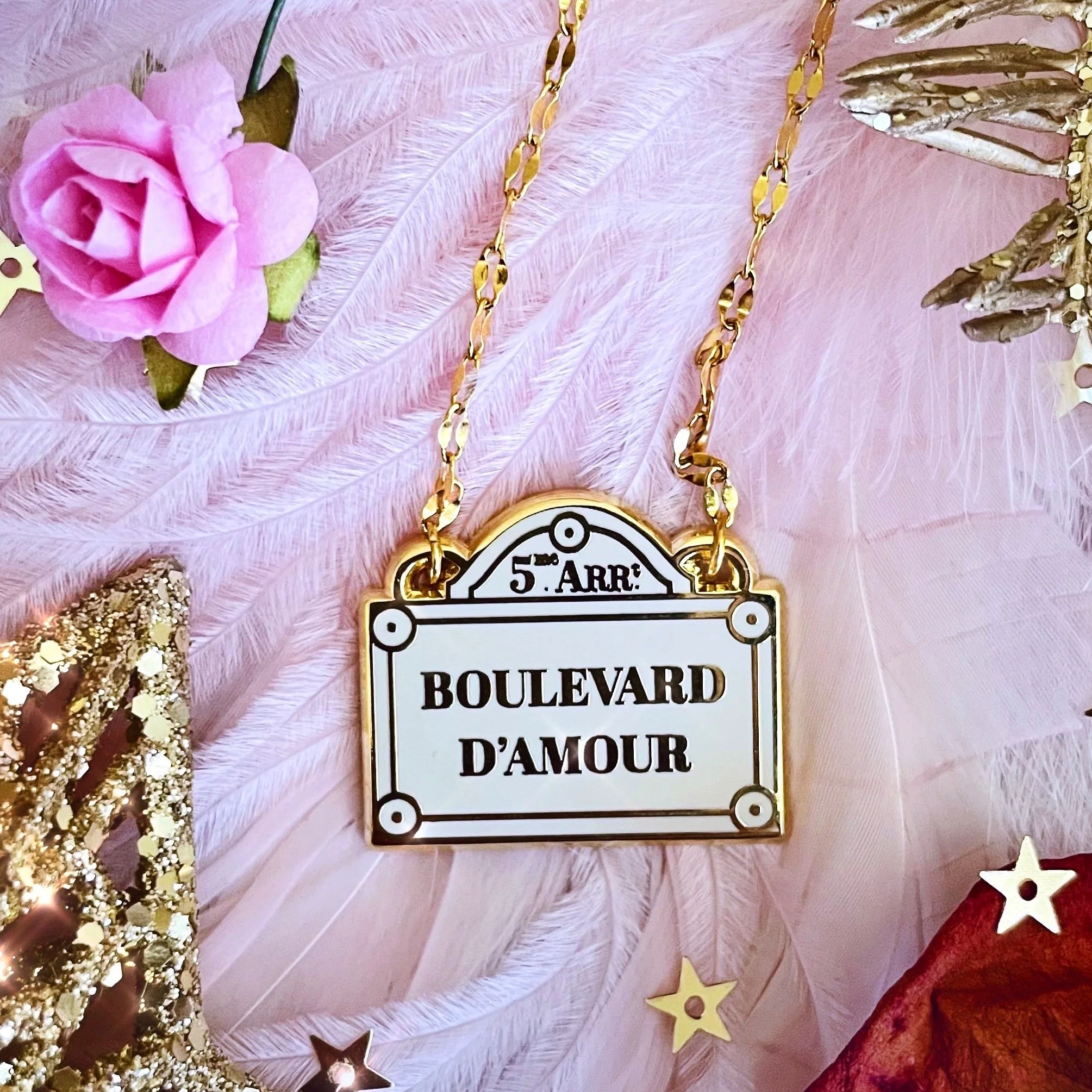 boulevard d'amour 18k gold plated paris parisian french france street sign dainty enamel charm necklace by lilly baik.
