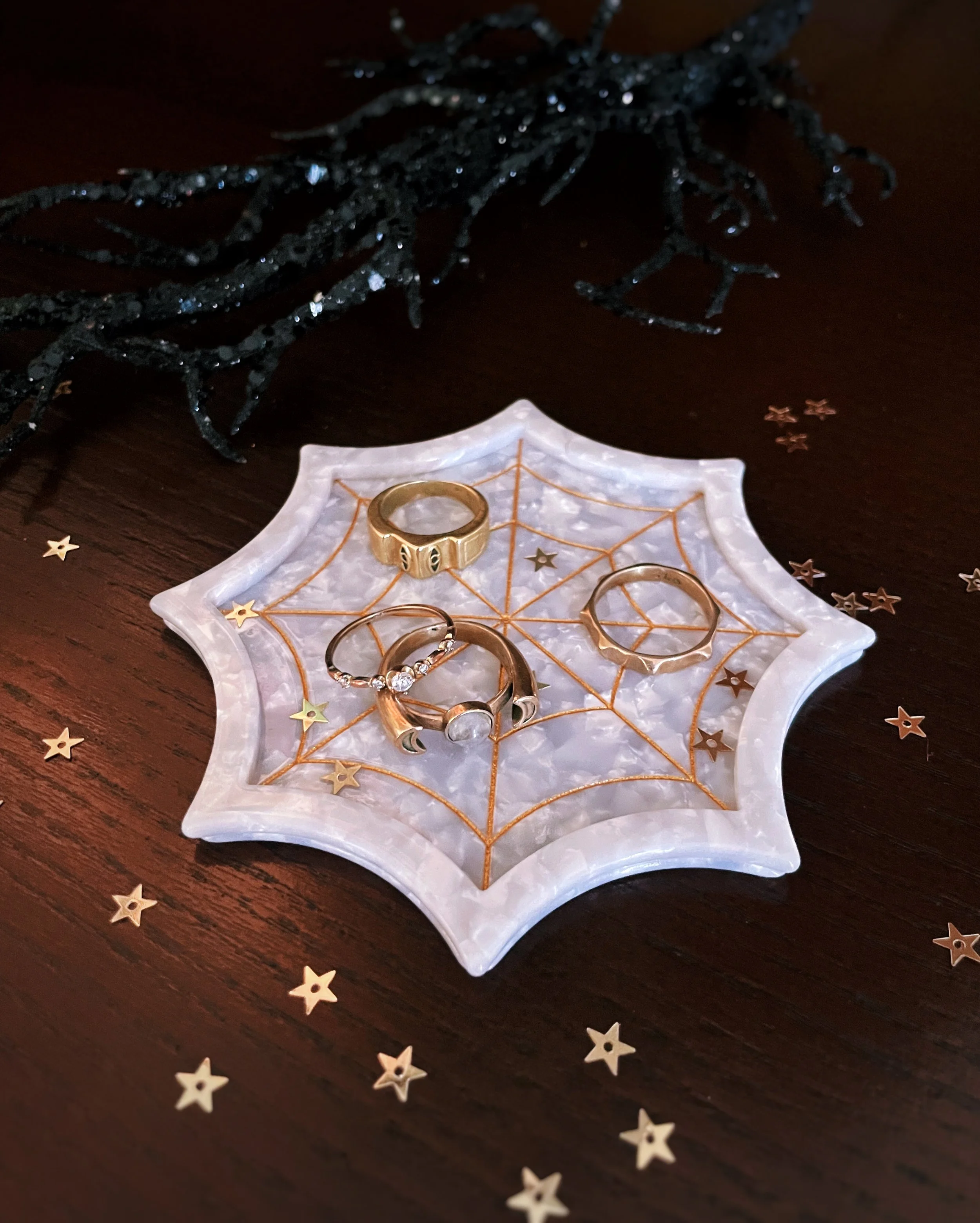 spiderweb jewelry trinket tray white acetate gold engraving spider elegant halloween accessories organizer dish by lilly baik.