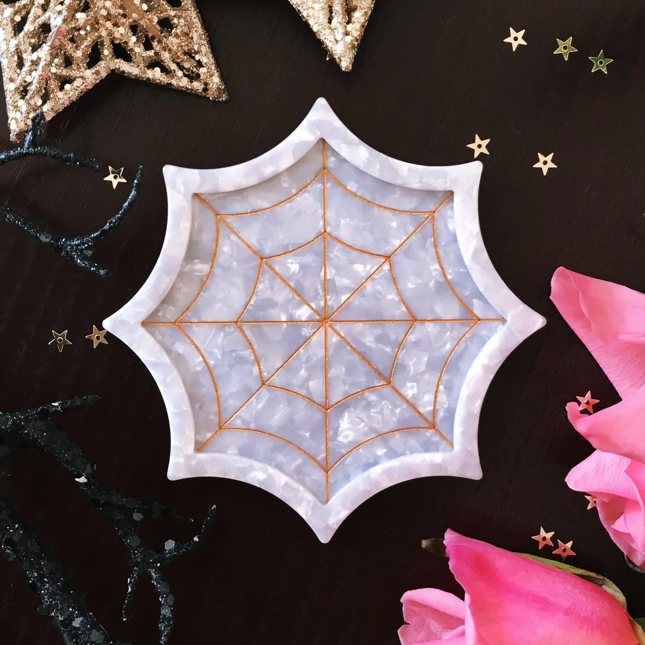 spiderweb jewelry trinket tray white acetate gold engraving spider elegant halloween accessories organizer dish by lilly baik.