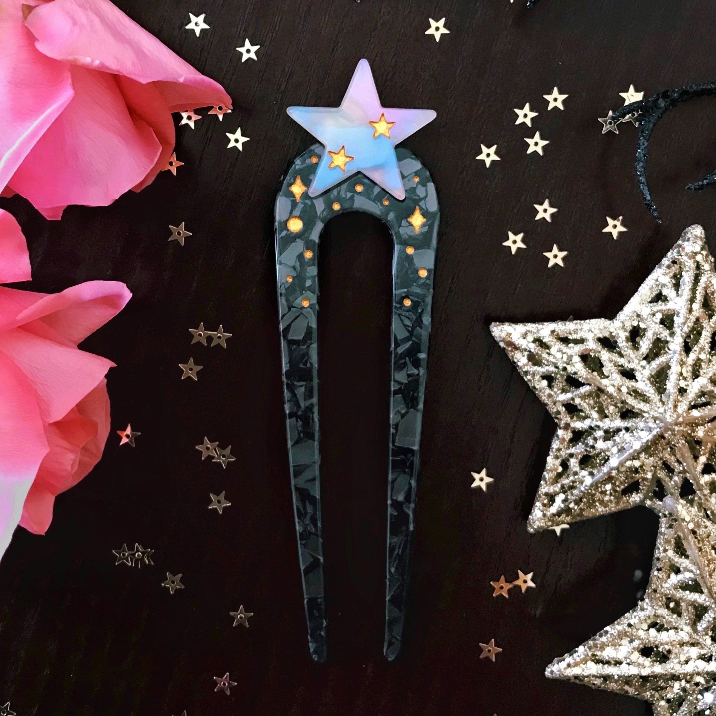shiny star french u-shaped hair pin celestial accessory by lilly baik.