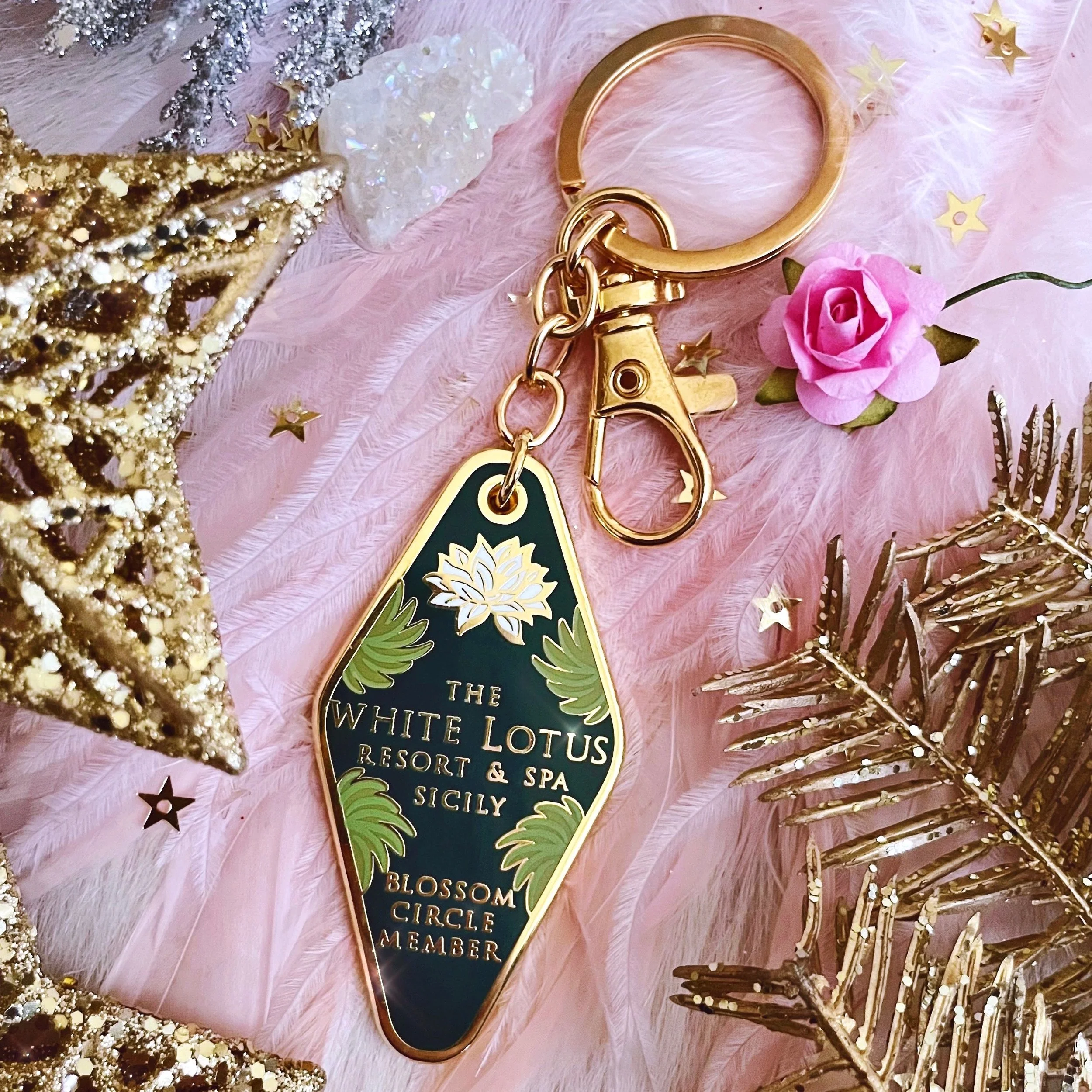 white lotus resort and spa sicily hotel motel tag enamel keychain by lilly baik.