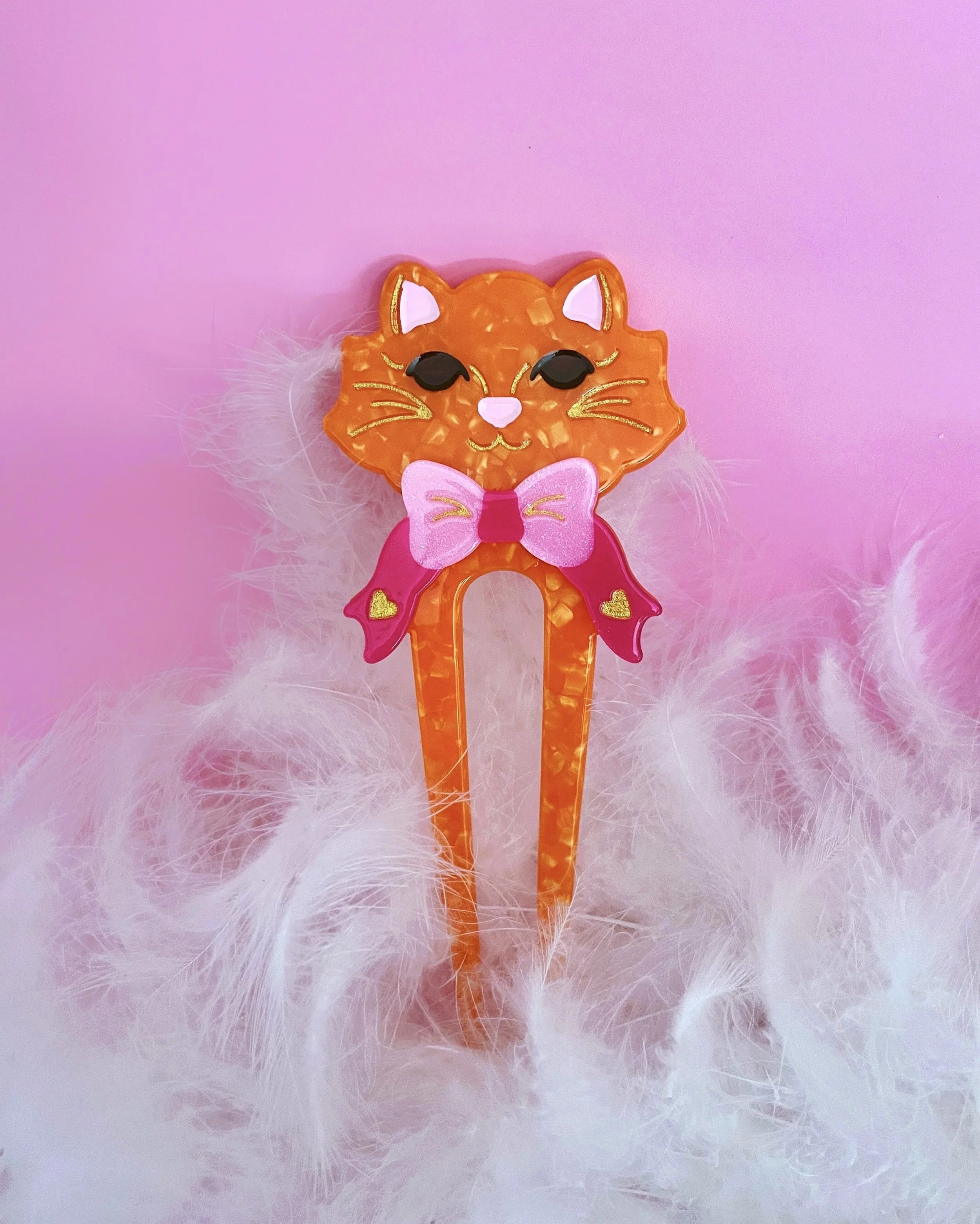 fancy cat french hair pin orange flat.JPEG
