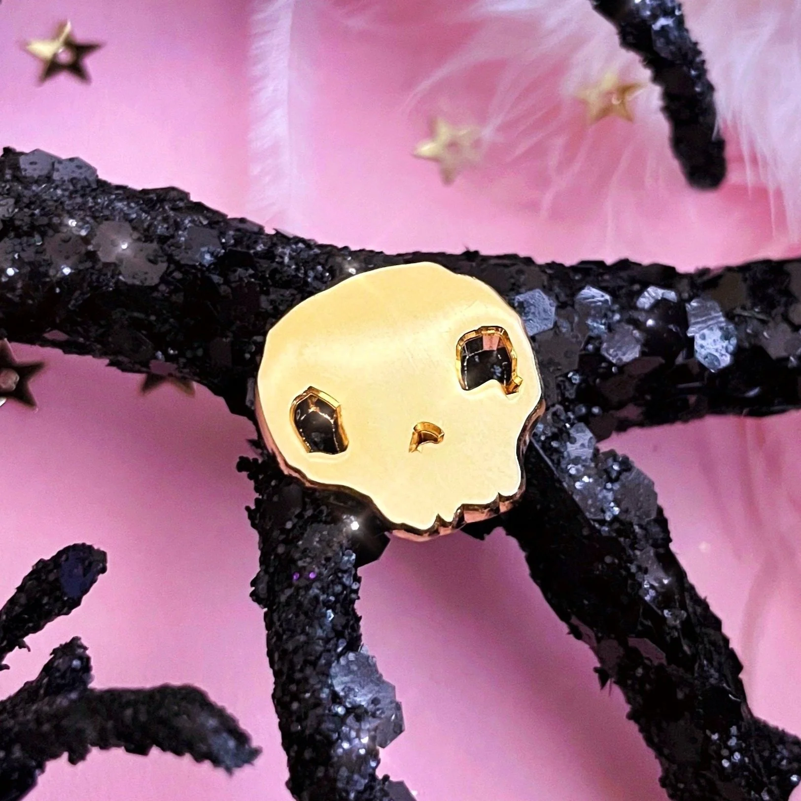 golden skull pin, memento mori cracked skull lapel pin by lilly baik.