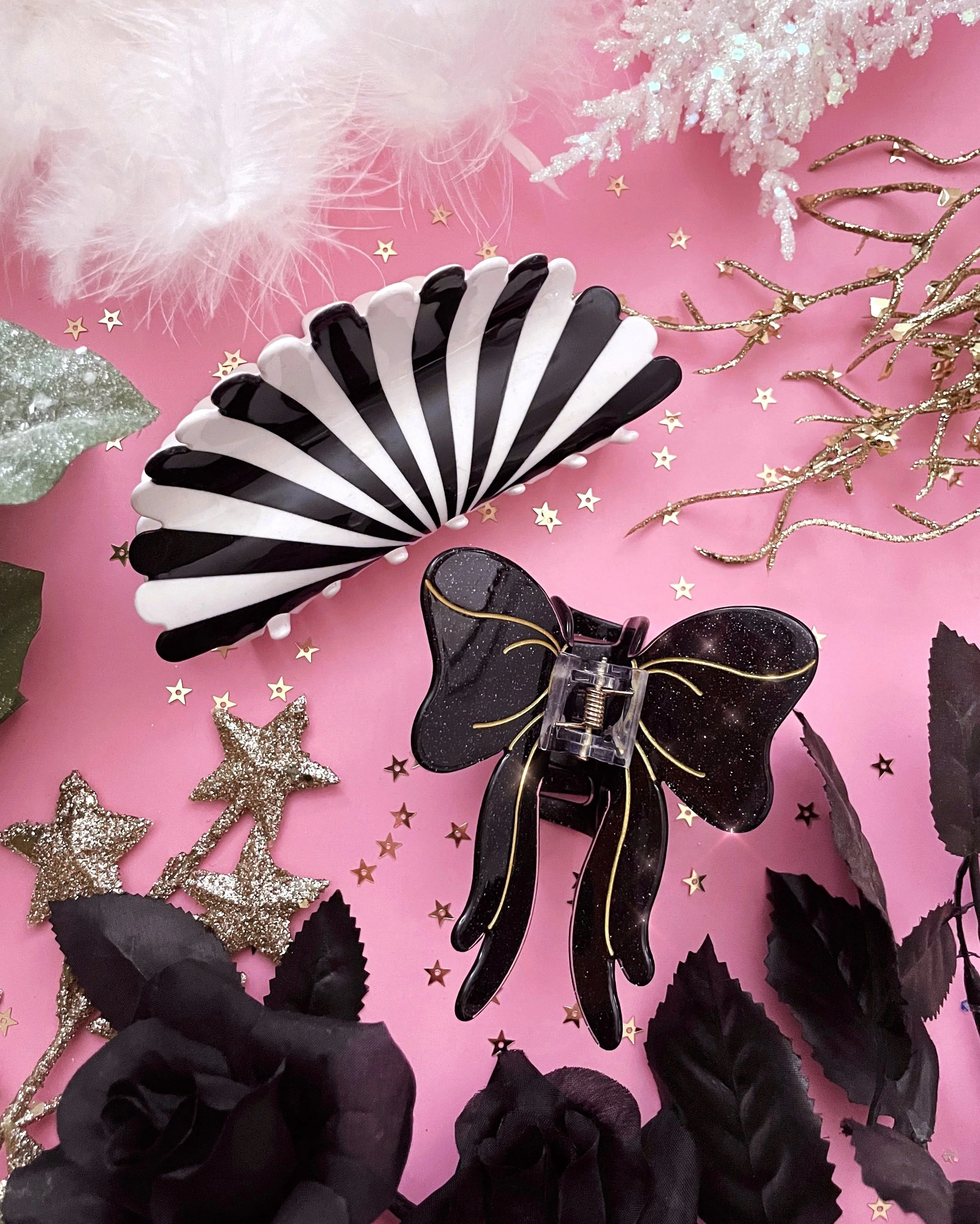 soiree bow hair clip glitter black gold acetate cute demure papillon ribbon hair claw by lilly baik.