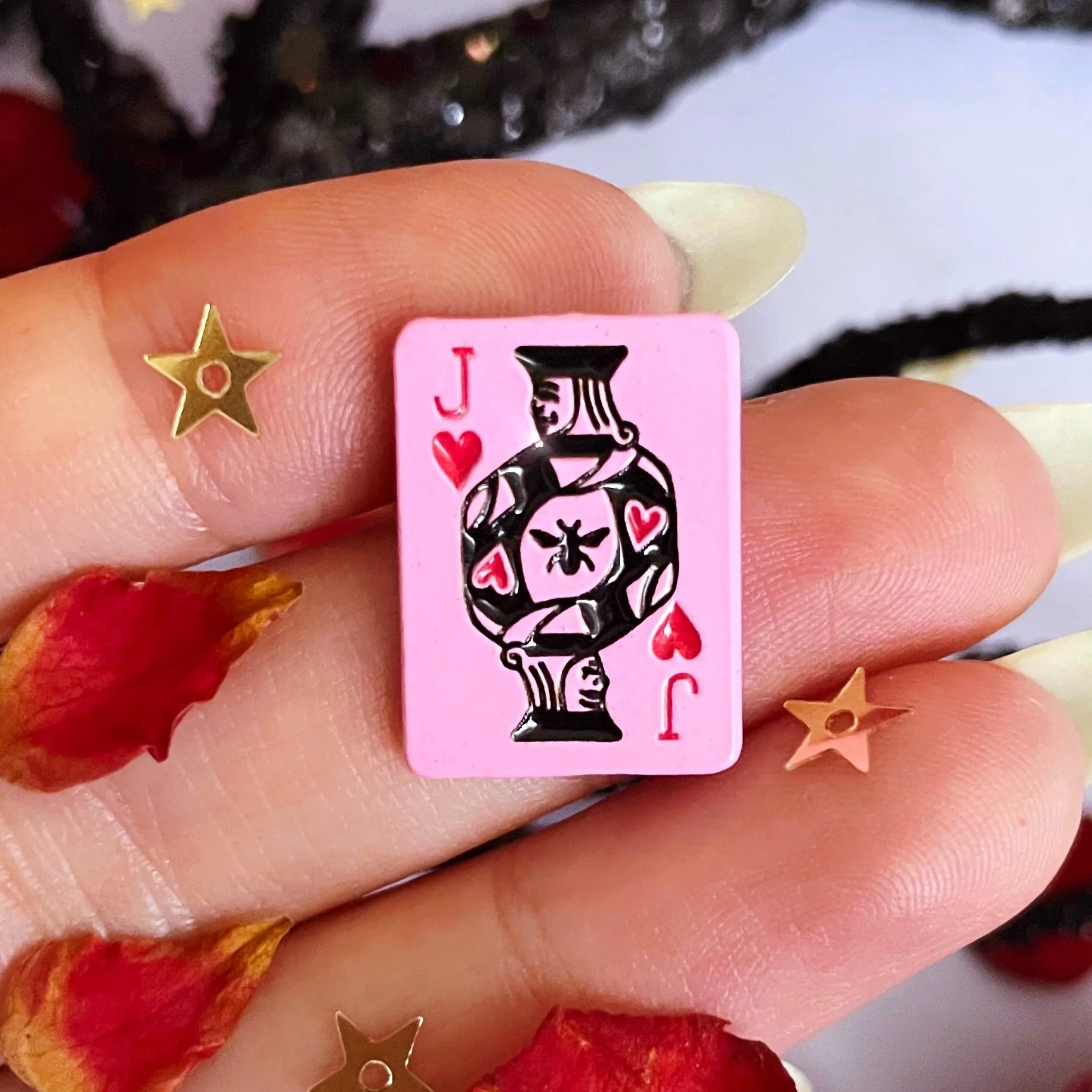 jack of hearts pink and red playing card soft enamel pin by lilly baik.