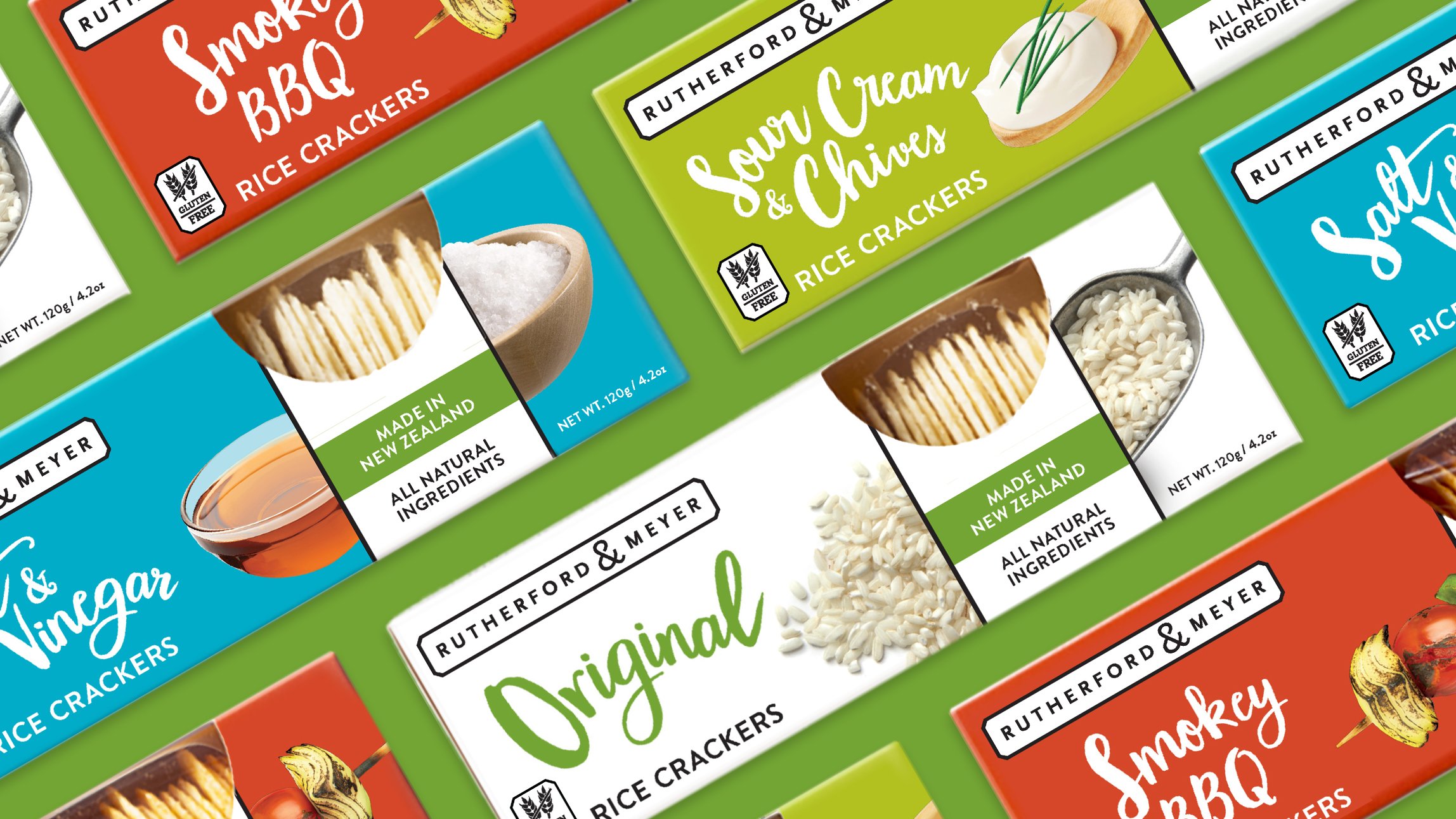 Rutherford and Meyer rice cracker packaging design
