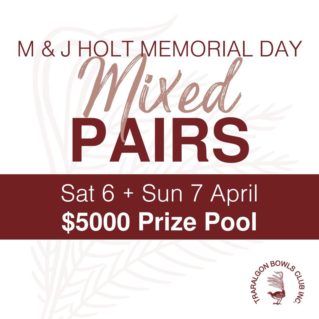 LAST CHANCE - ENTER NOW
💕MAURIE &amp; JEAN HOLT MEMORIAL PAIRS💕
Saturday 6 + Sunday 7 April
7 games of 12 live ends
$5k prize pool
💰 First $2k, Second $1.3k, Third $700, Fourth $500, Fifth $300💰
✅ BA ranking points tier 4✅
🍴Lunch is provided on 