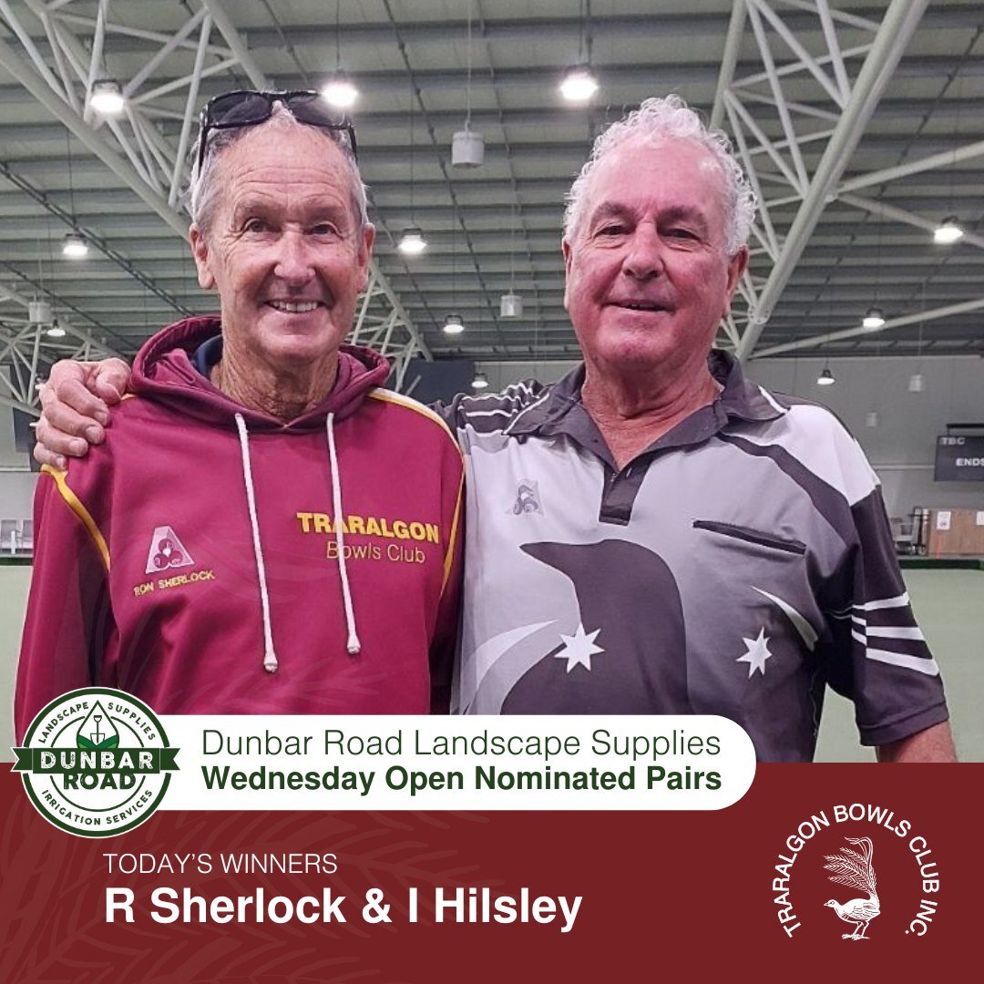 🟢Dunbar Road Landscape Supplies Wednesday Open Nominated Pairs🟢
The winners of the day were:
🥇Winners: Ron Sherlock &amp; Ian Hilsley
🥈Runners-up: Kevin Enguell &amp; Bill Bishop, also won the jackpot!
Thank you to all who joined in on the fun!
?