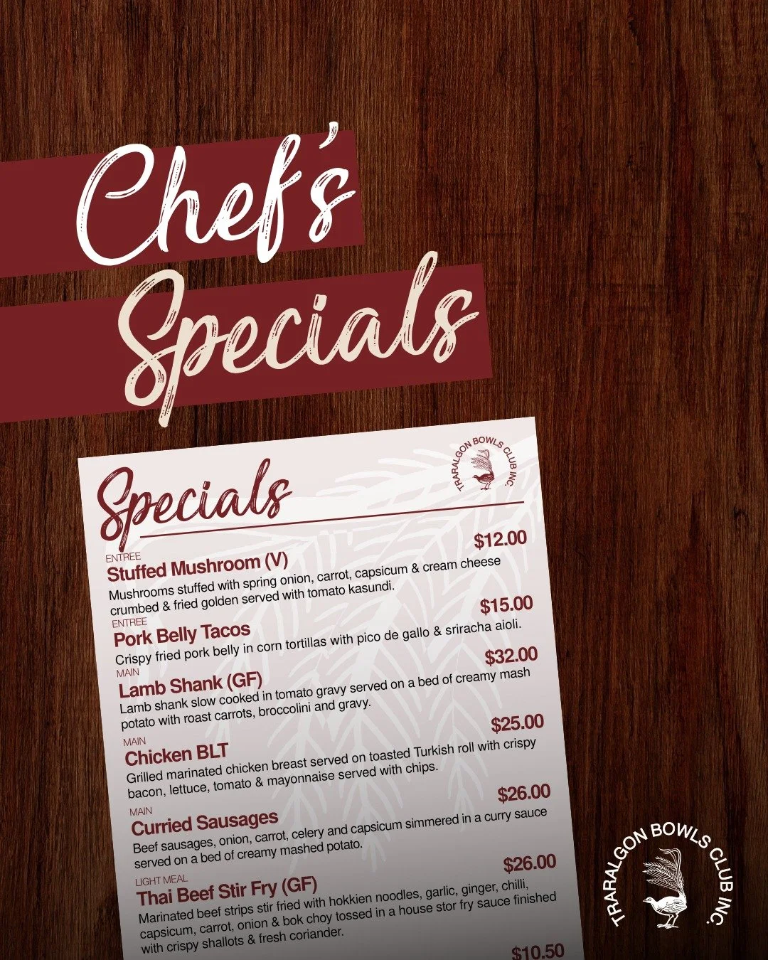 👨&zwj;🍳CHEF'S SPECIALS
Check out these delicious chef's specials on offer from tonight:
🍽Stuffed Mushroom (V) $12
Mushrooms stuffed with spring onion, carrot, capsicum and cream cheese crumbed and fried golden served with tomato kasundi. 
🍽Pork B
