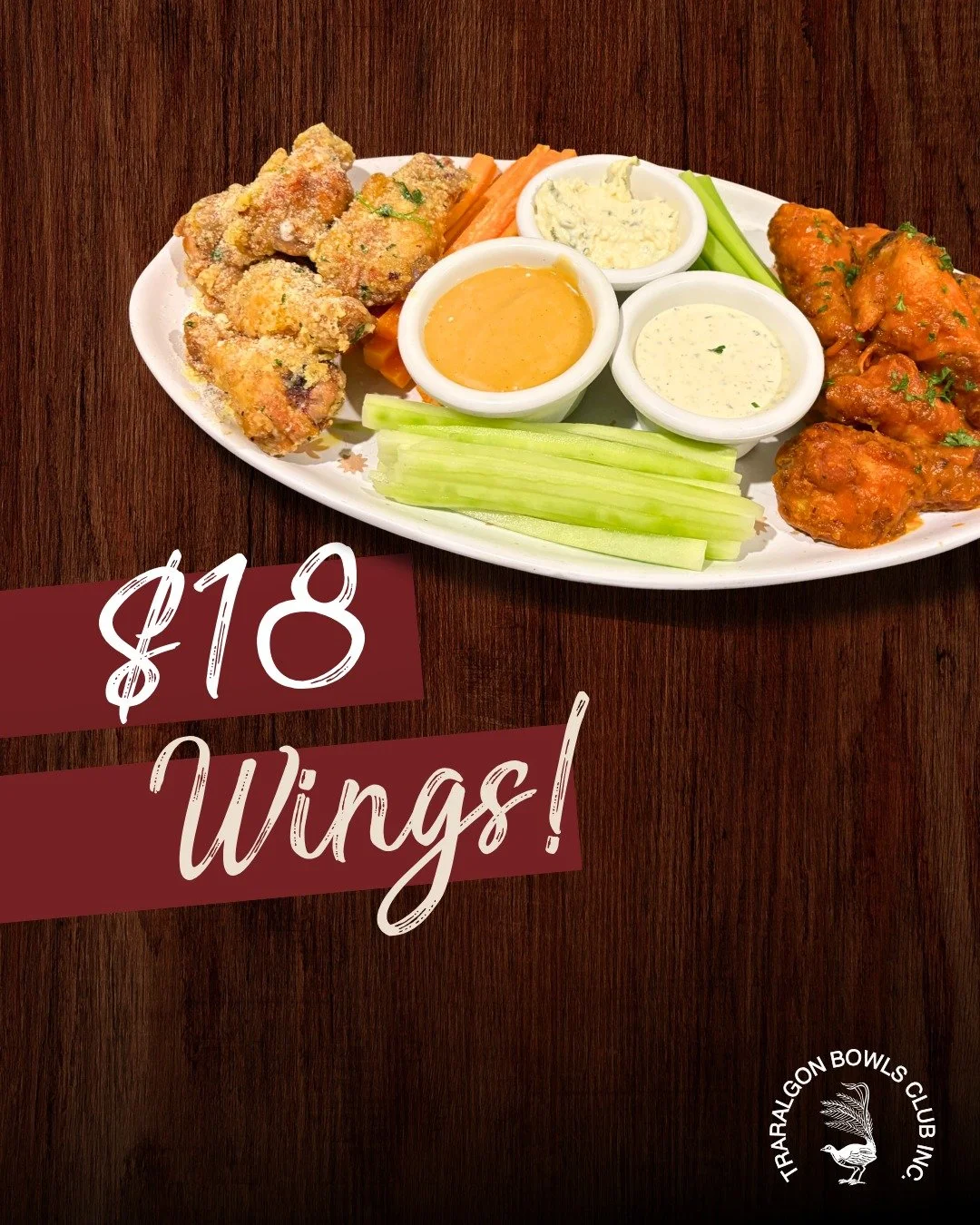 $18 WINGS ON THURSDAYS
Try our $18 wings on Thursday nights. 
A dozen wings in your choice for two flavours:
🍖Sweet Barbecue
🧄Garlic Parmesan
🇵🇭Filipino Adobo
Served with celery and carrot crudit&eacute;s, and three dipping sauces; blue cheese, r