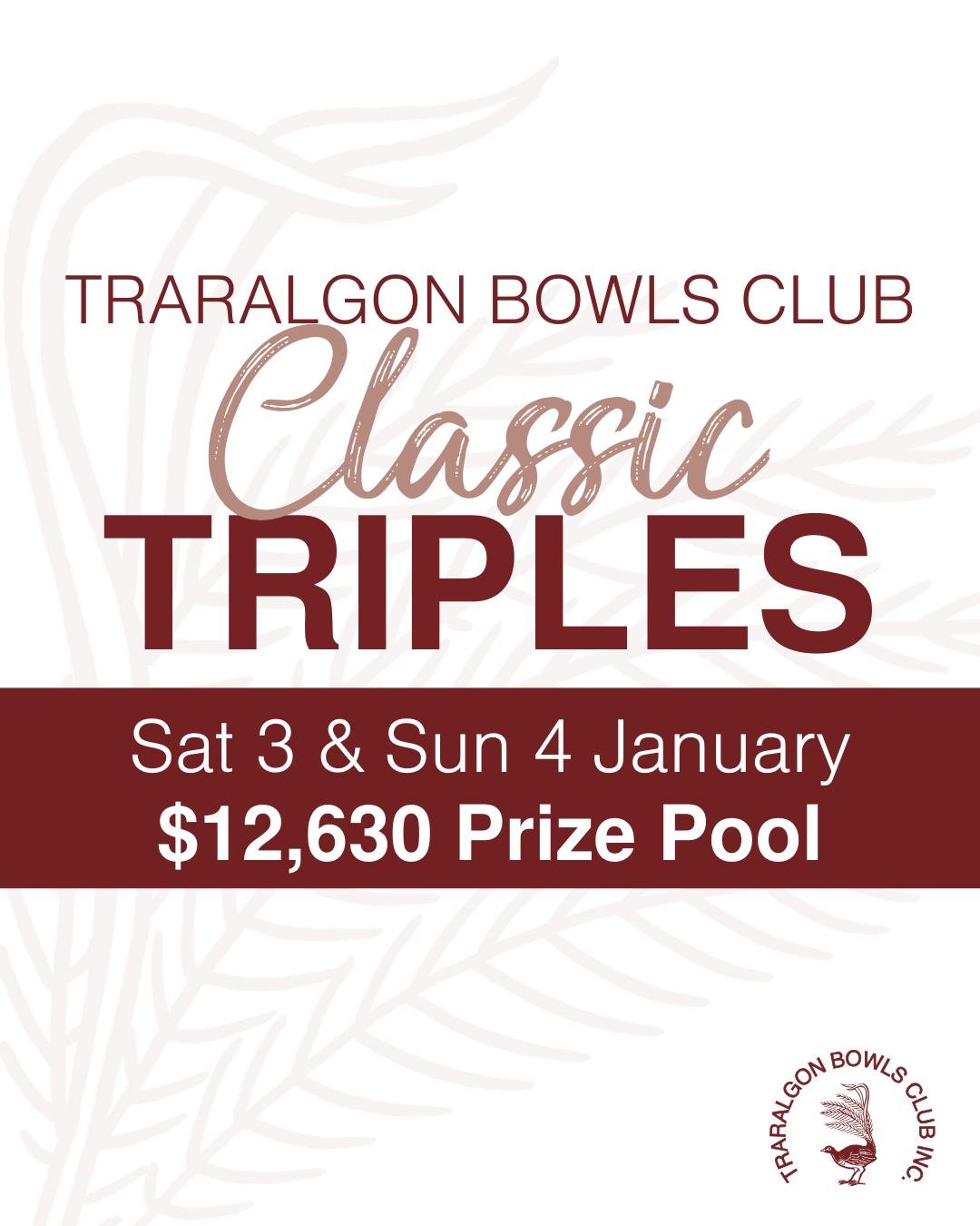 💰💰CLASSIC TRIPLES - GET YOUR ENTRIES IN
$12,630 in prize pool and Tier 3 BA ranking points up for grabs.
Sponsored by Traralgon Bowls Club and BCIB Insurance Brokers.
💰Winners: $3300
💰Runners-up: $1800
💰Third: $1050
💰Forth: $780
💰Fifth: $660
W