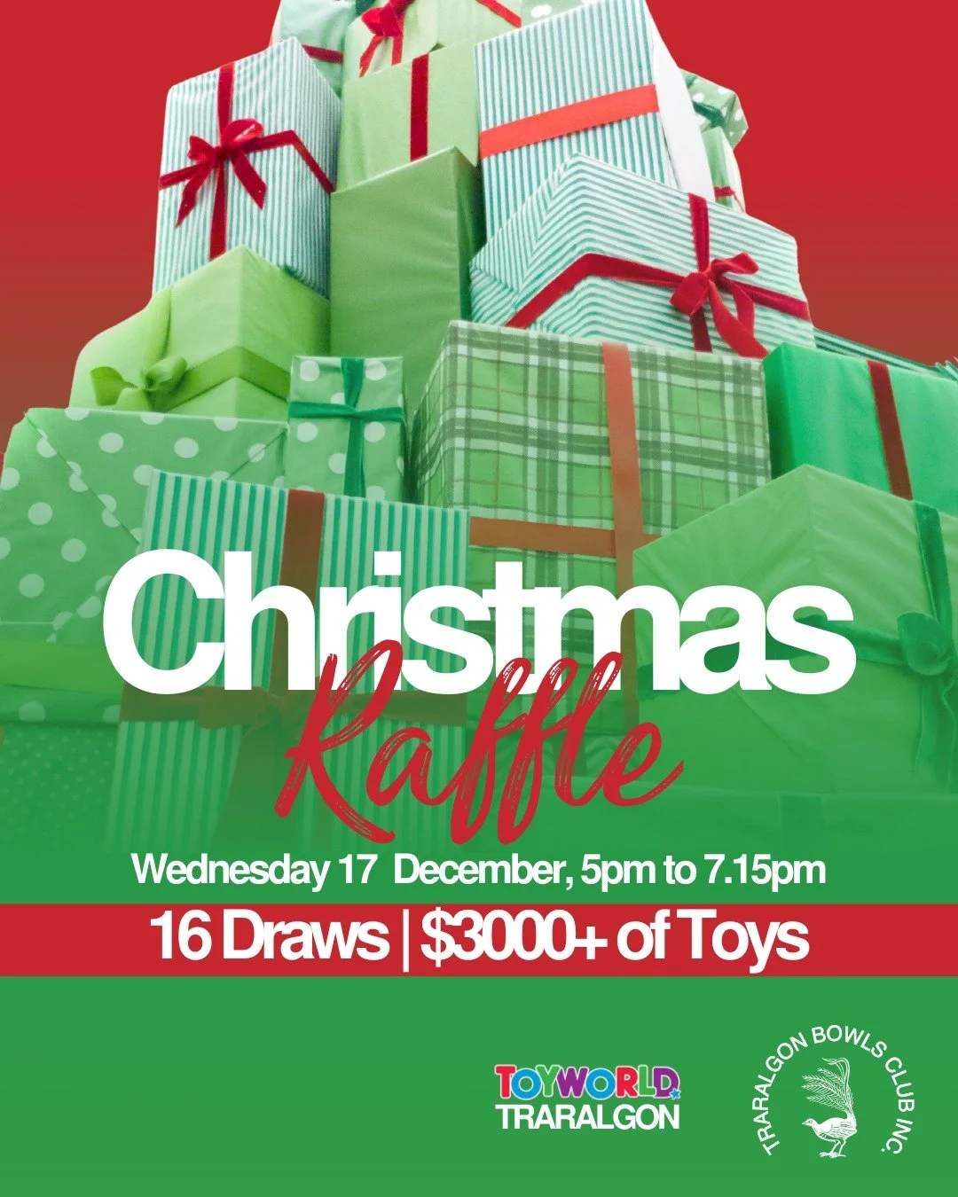 🎅EPIC CHRISTMAS TOY RAFFLE🎅
Join us on Wednesday 17 December, from 5pm for a huge raffle.
🎄Over $3000 of prizes from @toyworldtraralgon 
🎄16 draws from 7.15pm 
🎁Talon 12v Remote Control Ride-on Two Feet Car + 2 x Squishmallows
🎁Bayer Doll Pram 