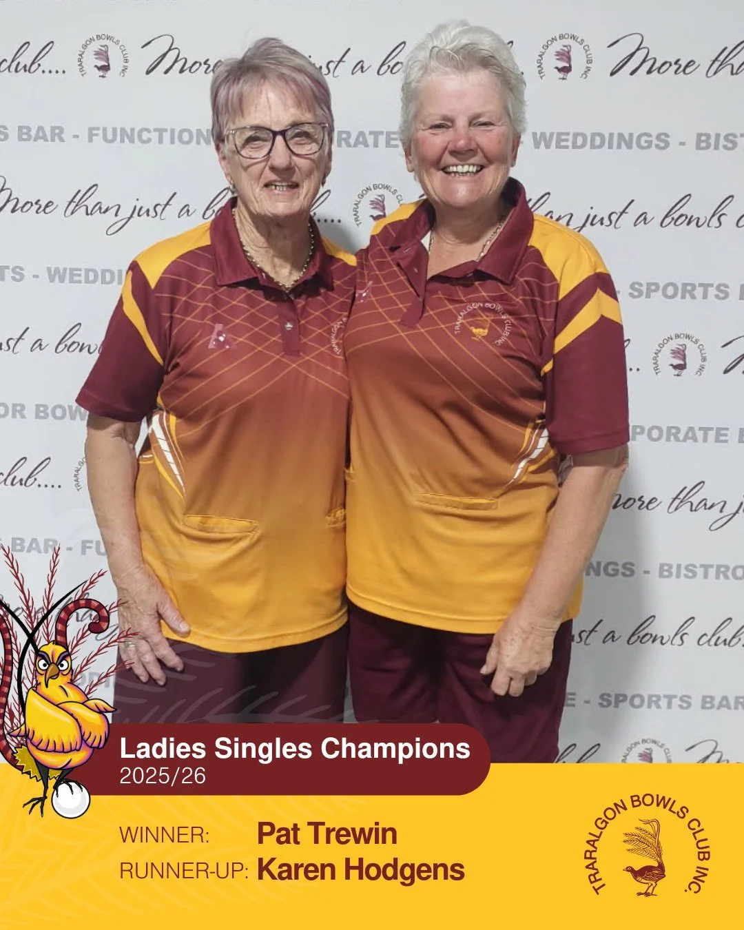 🤩SINGLES CLUB CHAMPIONS
Congratulations to our Singles Champs who will be off to compete at the Champion of Champions on January 3 and 4:
LADIES:
🥇Pat Trewin 
🥈Karen Hodgens
MEN:
🥇Ian Hilsley
🥈Vincent McIlwain