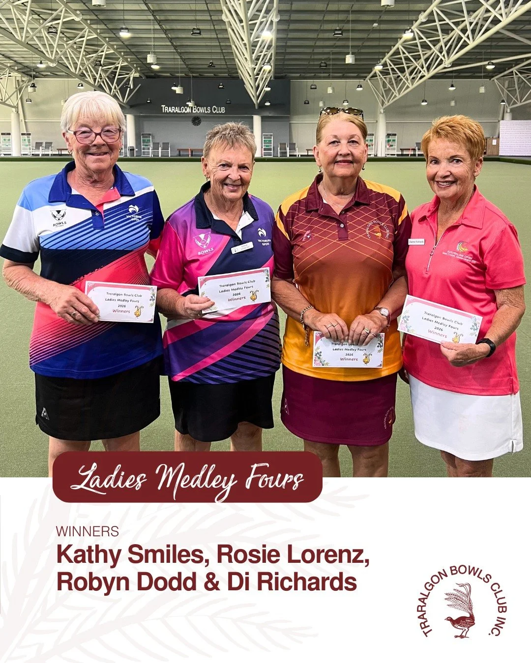 💃LADIES MEDLEY FOURS💃
Congratulations to the tournament winners:
🥇Winners: Kathy Smiles, Rosie Lorenz, Robyn Dodd, Di Richards
🥈Runner-up: Pat Trewin, Elaine Swan, Paddy Francis, Gail McKenzie
🥉Third: Jody Corrigan, Vicki Husdon, Lee-Anne Atkins