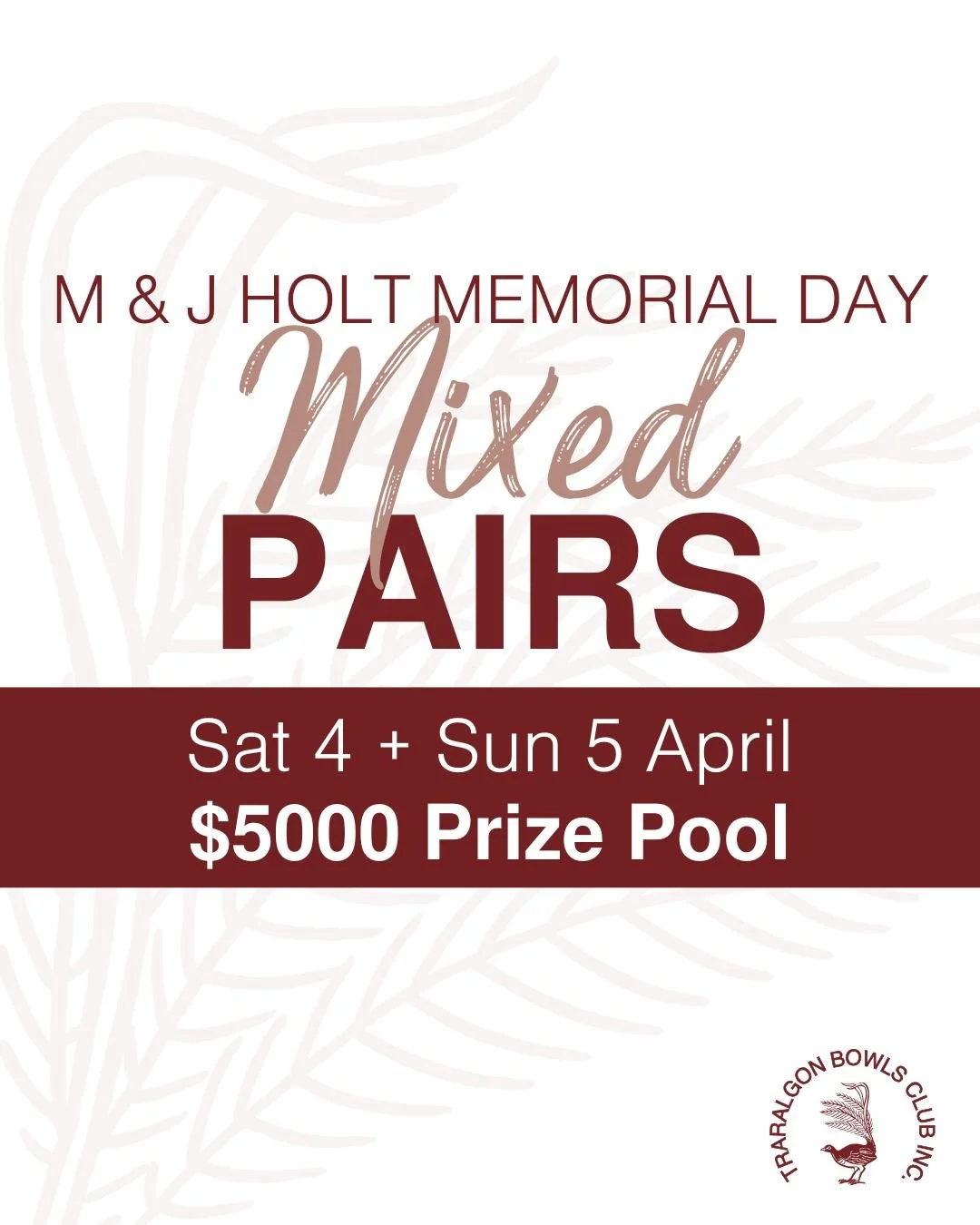 💕HOLT MEMORIAL DAY MIXED PAIRS💕
Saturday 4 + Sunday 5 April
7 games of 12 live ends, 3-bowl pairs.
💰 First $2k, Second $1.3k, Third $700, Fourth $500, Fifth $300💰 
✅ BA ranking points tier 4
🍴Lunch is provided on both days + afternoon tea on Sun