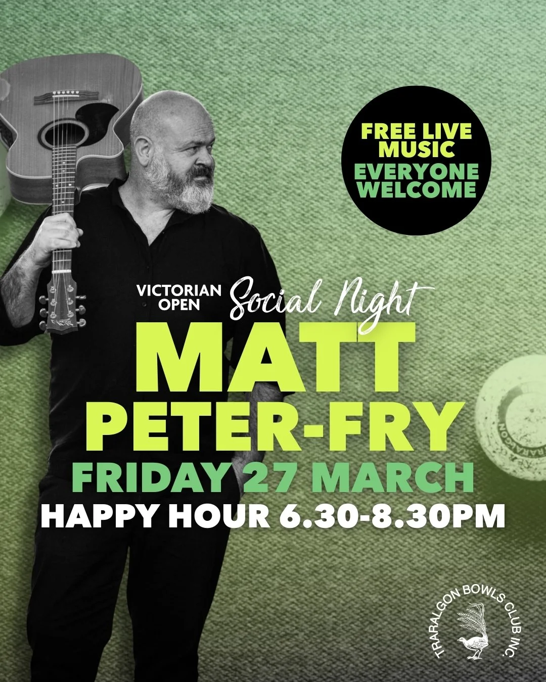 🎵VIC OPEN SOCIAL NIGHT - FRI 27 MARCH
Join us for a very social night with live music from local favourite Matt-Peter Fry - Musician and happy hour 6.30pm to 8.30pm.