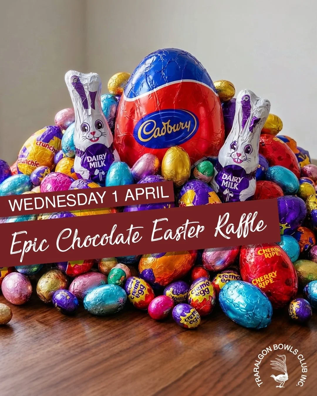 🐰CHOCOLATE EASTER RAFFLE🐰
Join us Wednesday 1 April for an EPIC Easter Raffle.
Heaps of draws from 7.15pm. Soooo much chocolate!
Tickets are on sale from 5pm.
DON'T FORGET to book for dinner: phone 5174 2156 or jump over to our website.