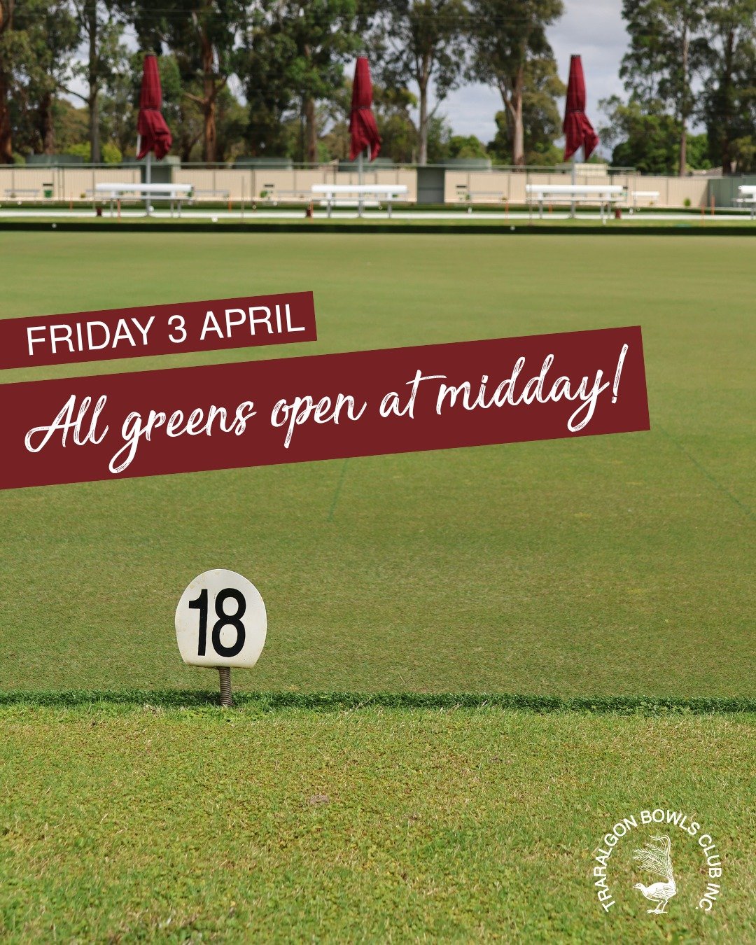 🚨GOOD FRIDAY LATE START🚨
All of our bowling greens will be closed Good Friday morning and will be open for use from midday.