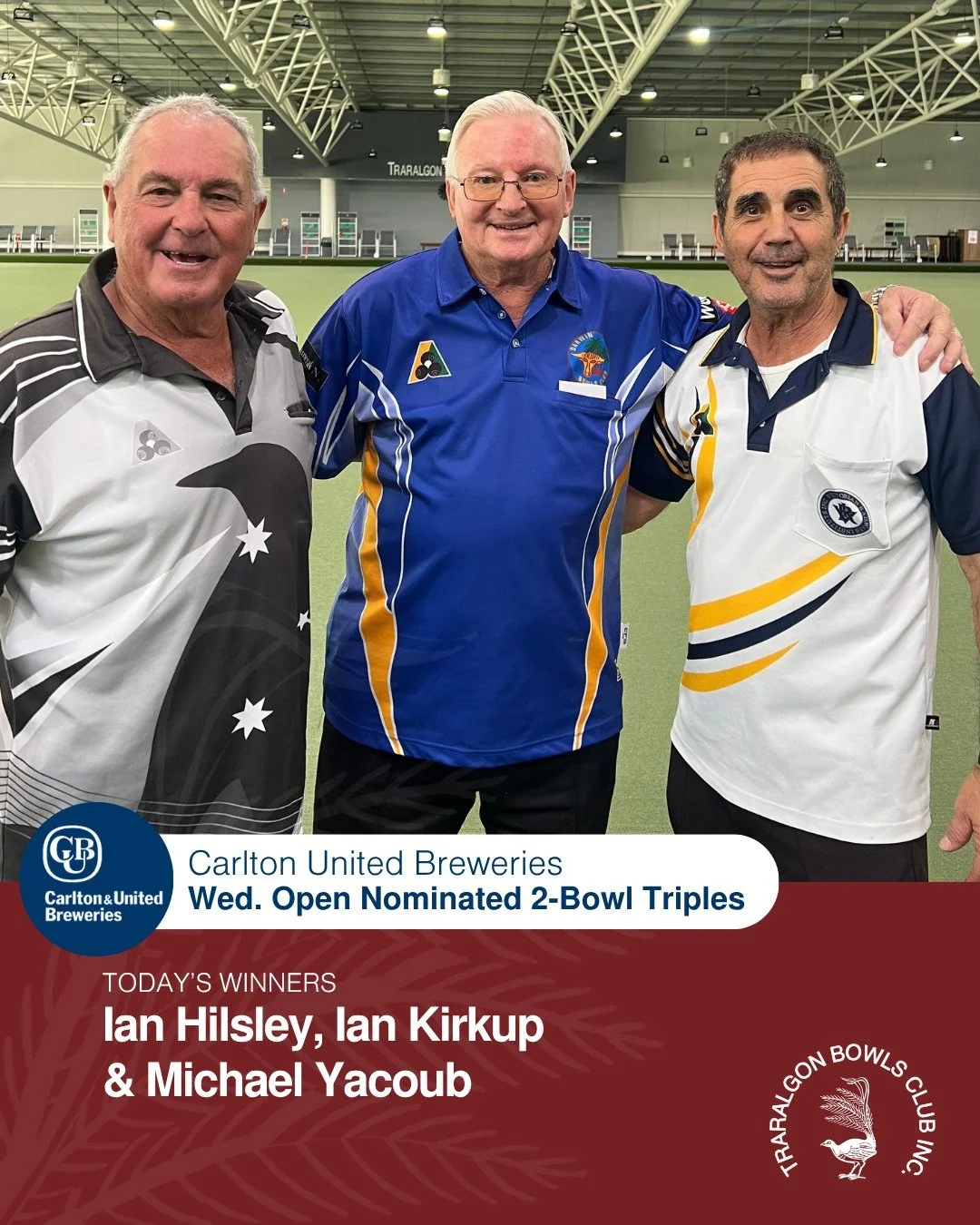 🍻 Carlton &amp; United Breweries  WEDNESDAY JACKPOT TRIPLES🍻
The winners of the day were:
🥇Winners: Ian Hilsley, Ian Kirkup &amp; Michael Yacoub
🥈Runners-up: Gary Bassett, Bill Bishop &amp; Kevin Enguell
Thank you to all who joined in on the fun!