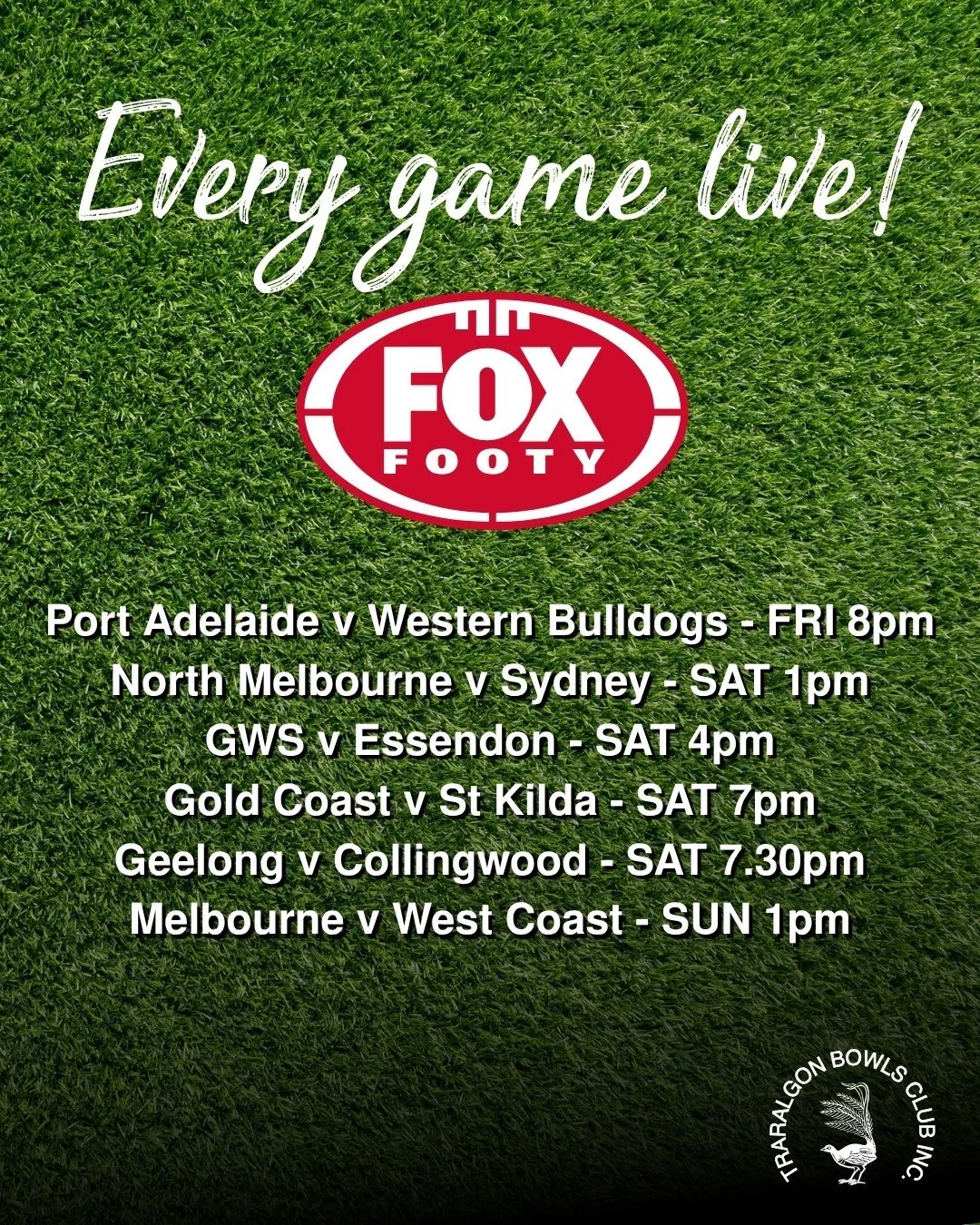 EVERY GAME OF AFL and NRL live, watch it with us.
Port Adelaide v Western Bulldogs - Fri 8pm
North Melbourne v Sydney - Sat 1pm
GWS v Essendon - Sat 4pm
Gold Coast v St Kilda - Sat  7pm
Geelong v Collingwood - Sat 7.30pm
Melbourne v West Coast - Sun 