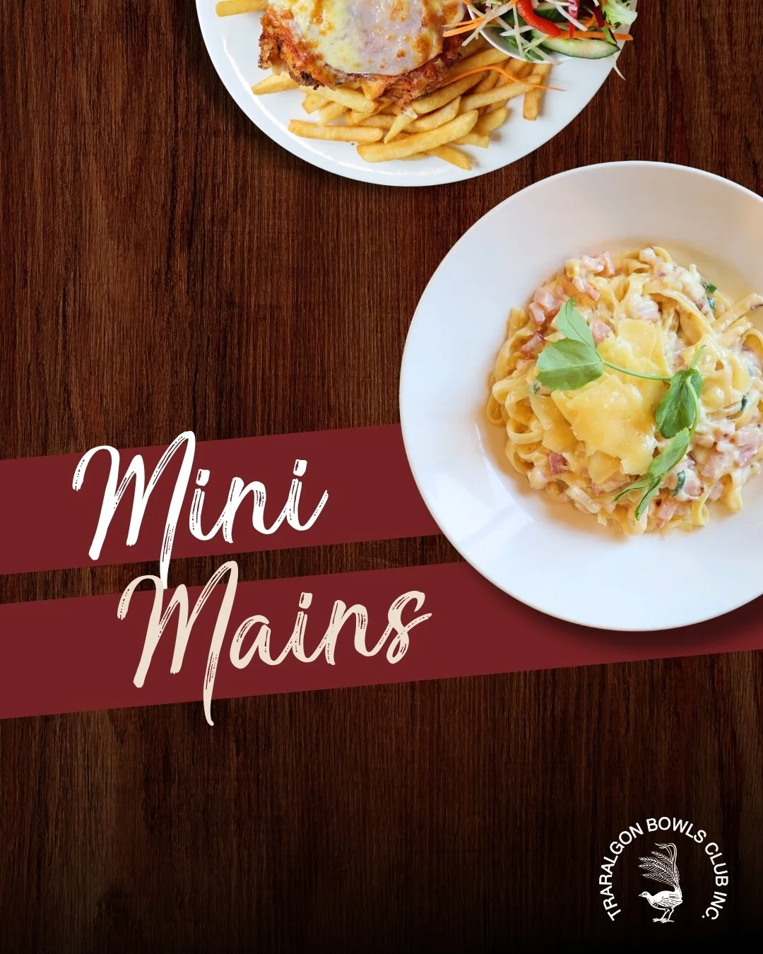 DON'T COOK, have a Mini Main! 
They're a smaller serve of your club favourites. Available daily, for lunch and dinner, all $20. Perfect for smaller eaters, teens, lunch.. or if you're trying to eat a little less.
Seven Mini Mains to choose from : 
🍽