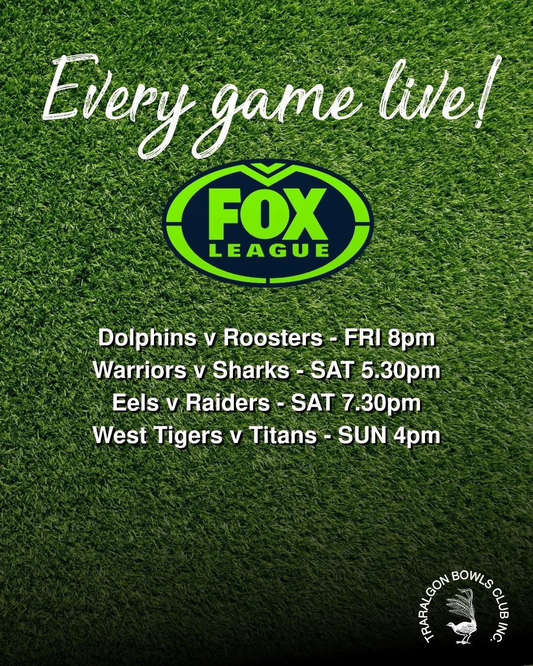 📺WATCH YOUR TEAM WITH US, every game is live on FOX Footy and FOX League
See you tonight for happy hour, raffles and the members' draw, followed by the Cats v Suns and Dolphins v Roosters.