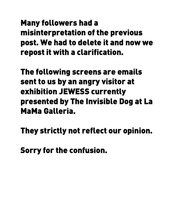 REPOST with clarification. These messages have been sent by an angry visitor, Mike T., on Saturday March 21 after he visited the exhibition JEWESS by artist Danielle Durchslag @ddurch at @lamamagalleria. 

You can read the full account of the inciden