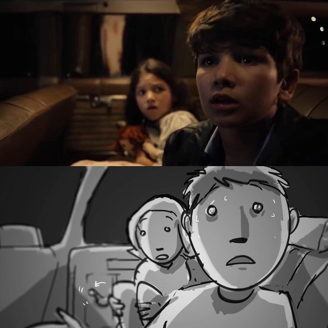 My favorite shot from the teaser + the original storyboard. I draw my own boards (but they rarely match up this closely.) Generally I&rsquo;m terrible at drawing cars - so for the interiors I basically traced it and then reused that for each shot. Gl