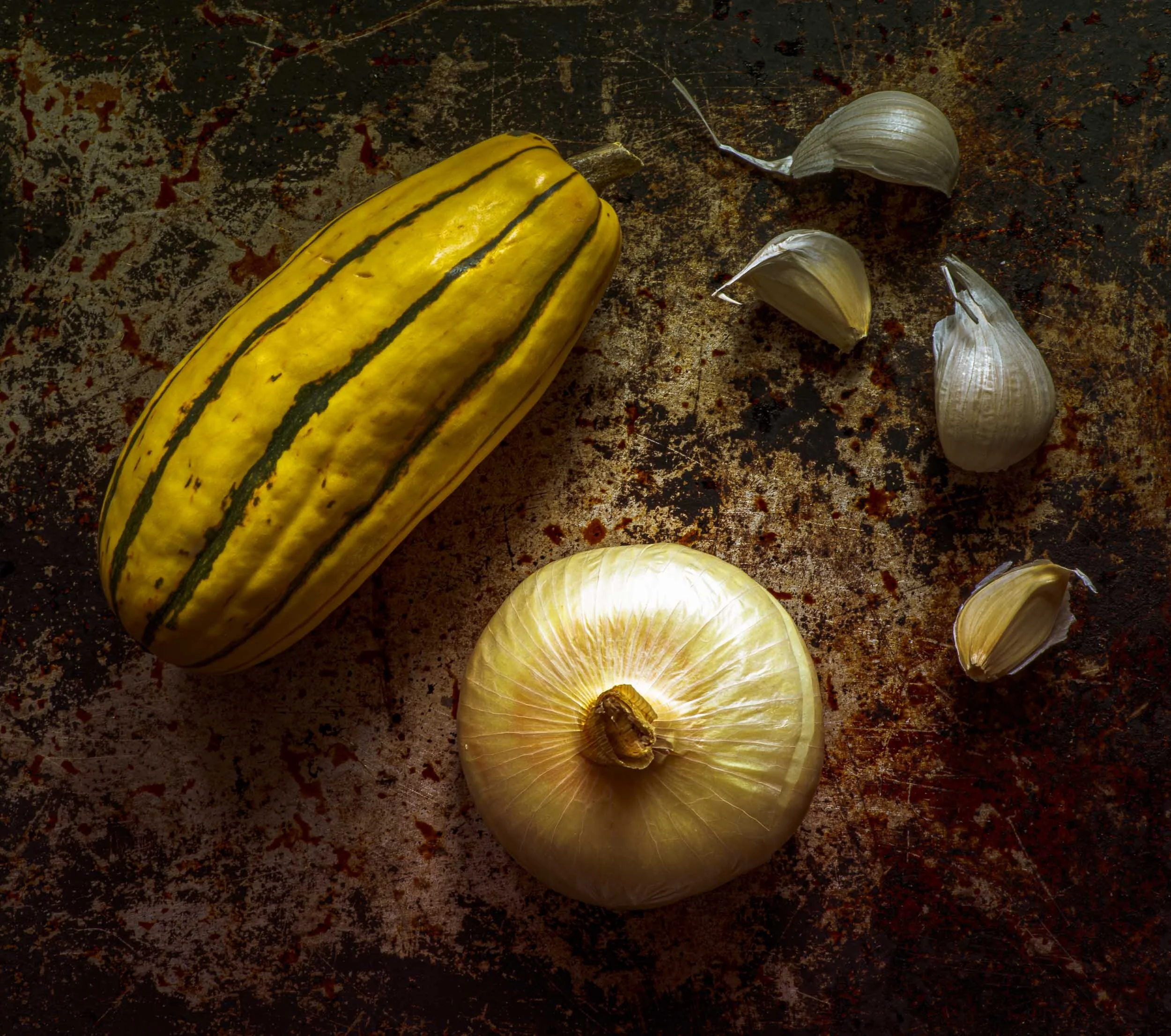 Delicata, Onion, Garlic
