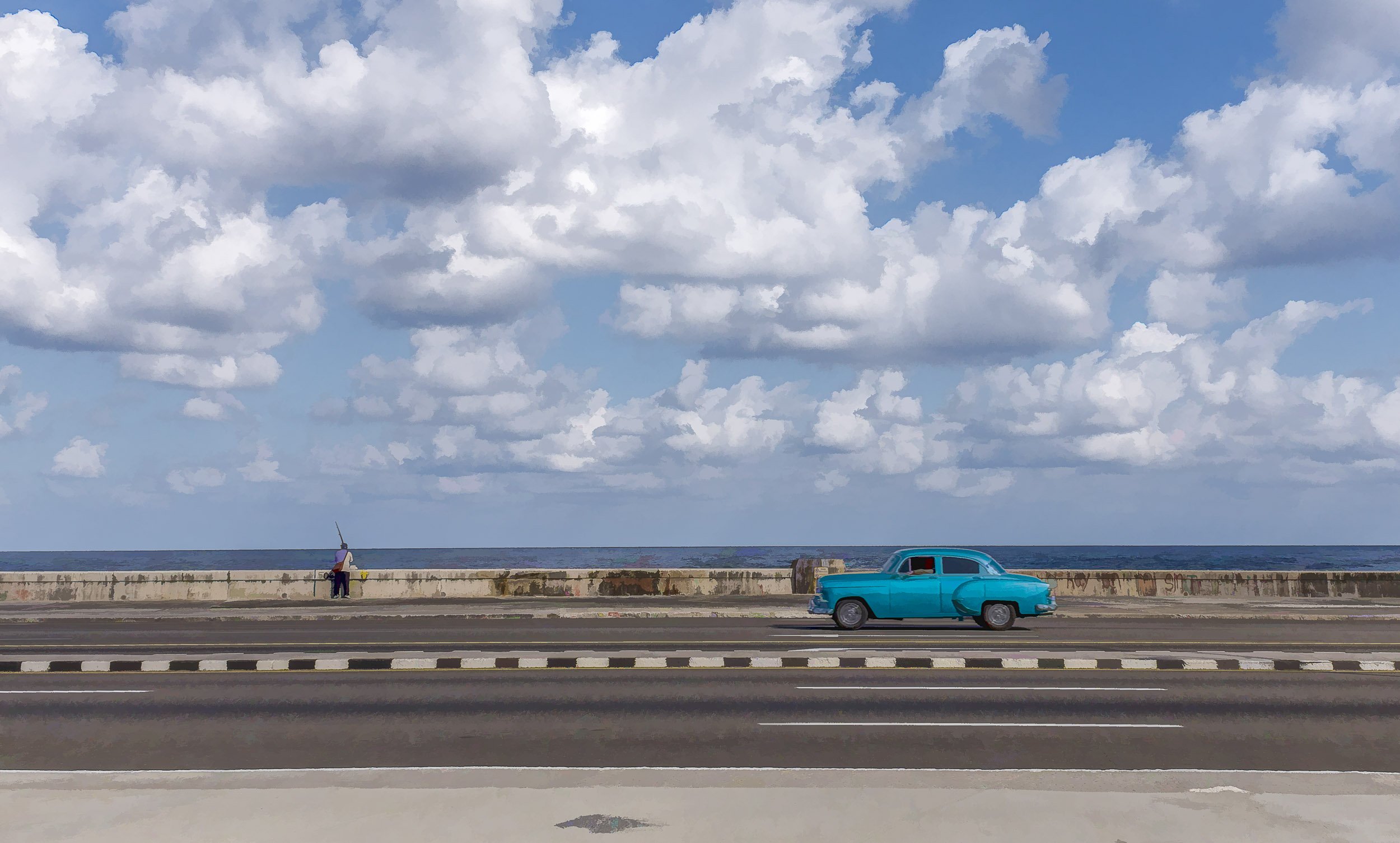 Old Blue Car and Fisherman, Malecon, Havana