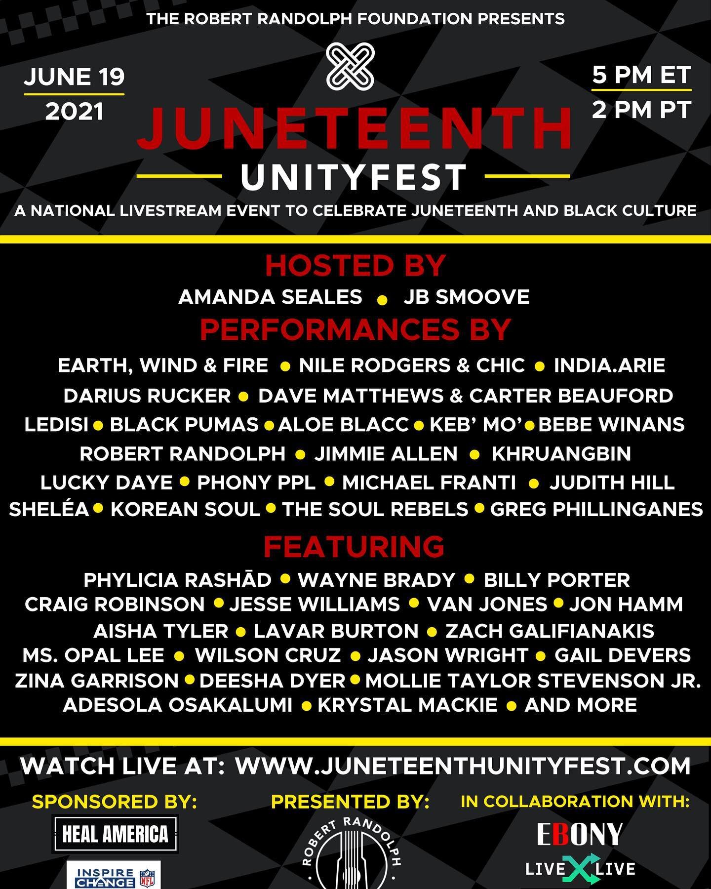 🎉 Happy JUNETEENTH!! Get set @juneteenthunityfest starts in just a few at 5pm ET featuring our Founder and Chairman @nilerodgers  followed by the official AFTERPARTY hosted by Youth To The Front #Frontliners w/ music by @chmba &hellip; TUNE IN LIVE!