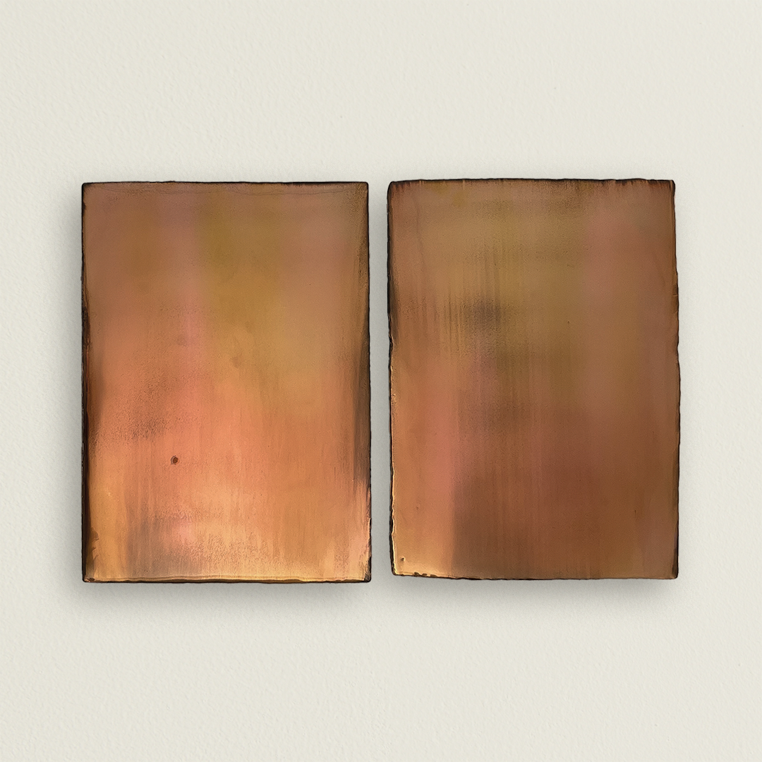   0126.2021      Silver Emulsion    (left)   
  0127.2021      Silver Emulsion    (right)   
30.25“ Height x 22.25“ Width x 2.5” Depth (each)  
hand sculpted silver emulsion  
iridescent pigments and resin polymer on panel  
signed in verso
