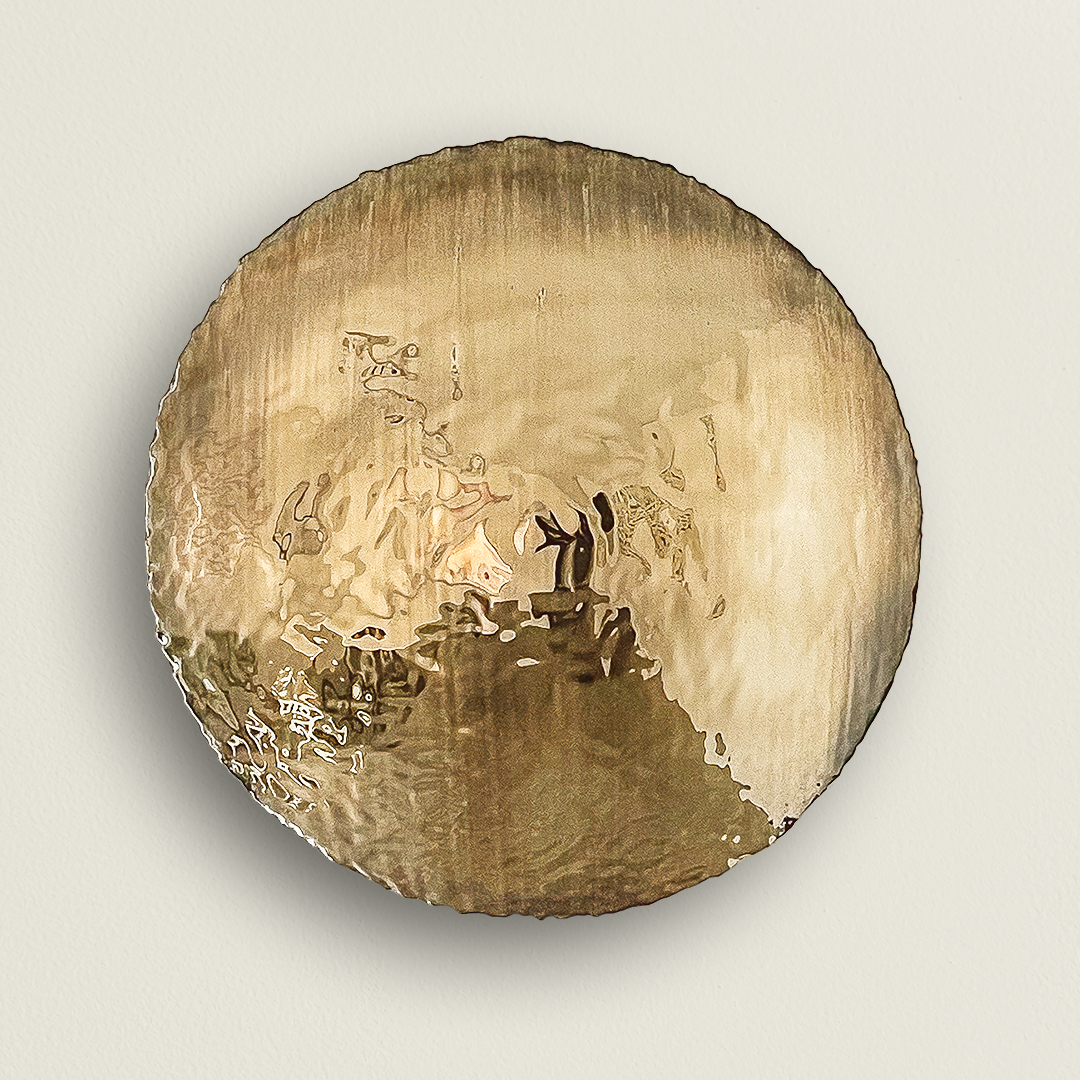   0124.2021      Silver Emulsion     
42” Diameter x 7” Depth   
hand sculpted convex silver emulsion   
polymer resin and Italian marble dust on panel  
signed in verso 