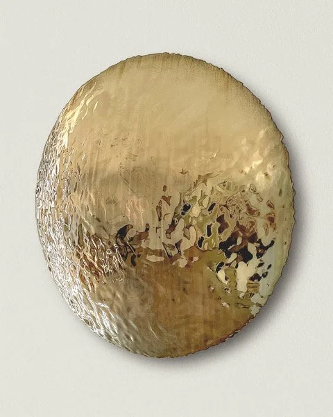   0124.2021      Silver Emulsion     
42” Diameter x 7” Depth   
hand sculpted convex silver emulsion   
polymer resin and Italian marble dust on panel  
signed in verso 