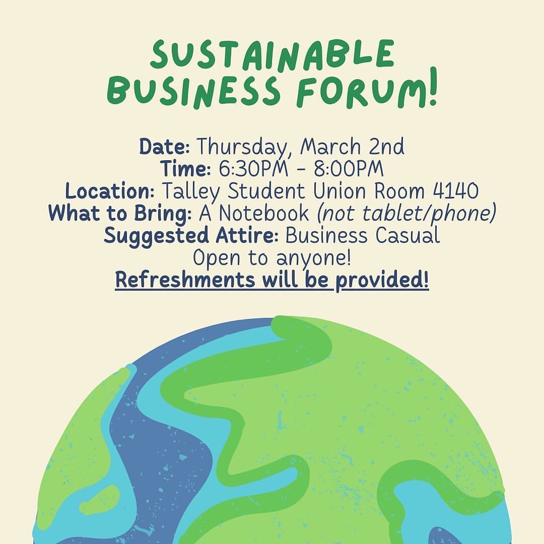 Join us at the upcoming @greatergoodtextilegroup Sustainable Business Forum!
 
It will be held on March 2nd from 6:30-8 p.m. at Talley Student Union.

Come hear from a panel of local industry professionals about the future of sustainable business, mo