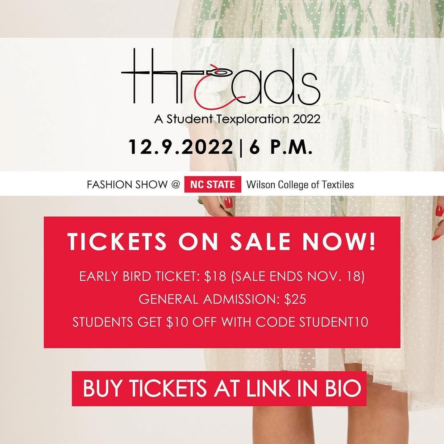 Check out @ncstatethreads this Friday, December 9 at @ncstatewilson! 

We&rsquo;ve loved seeing the next generation of designers share their work through this end-of-semester exhibition!

Run and get your tickets now ⚡️ Click on the link in @ncstatet