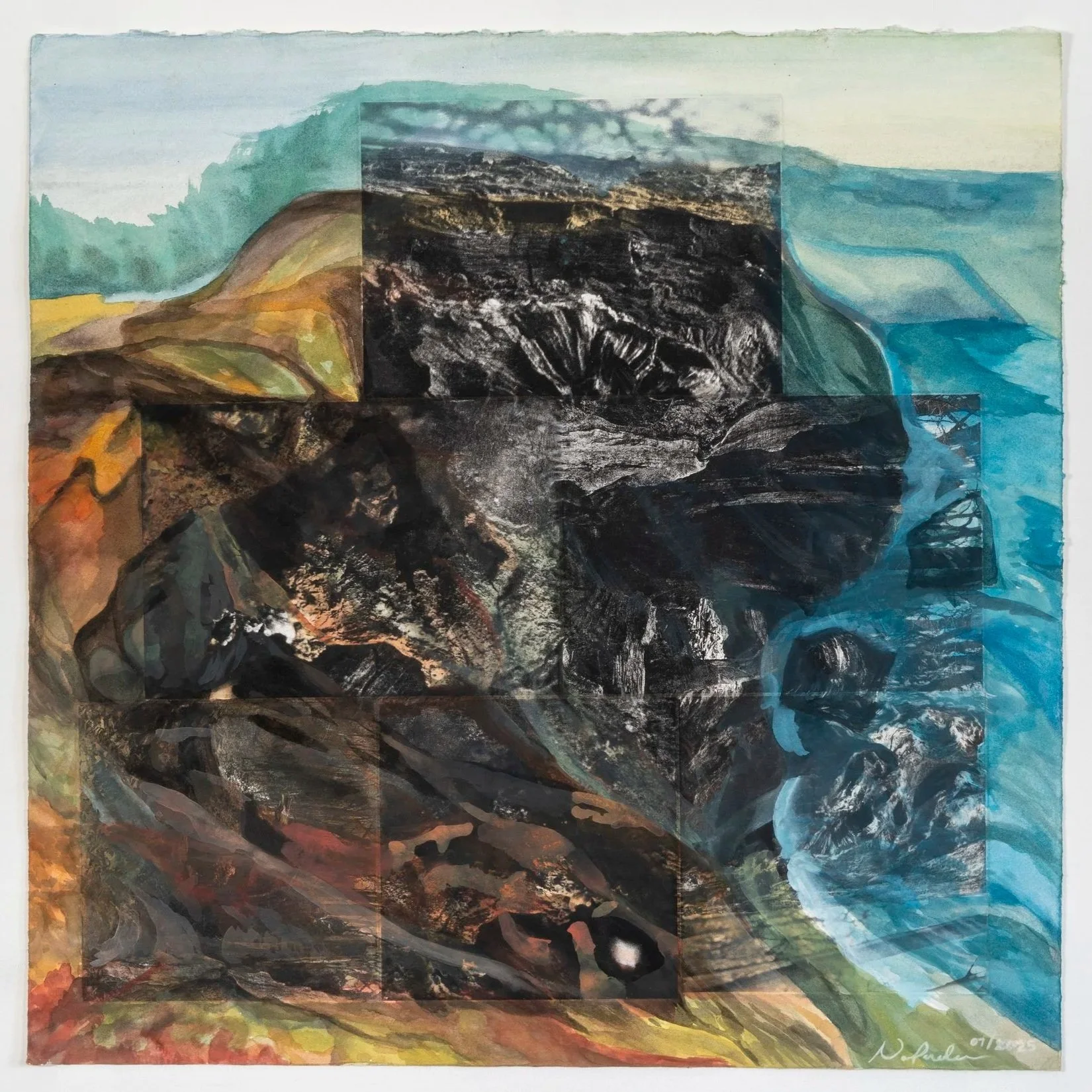 Bay to the Forest, 2025,
Watercolor over 6-plate photogravure,
24" x 24"