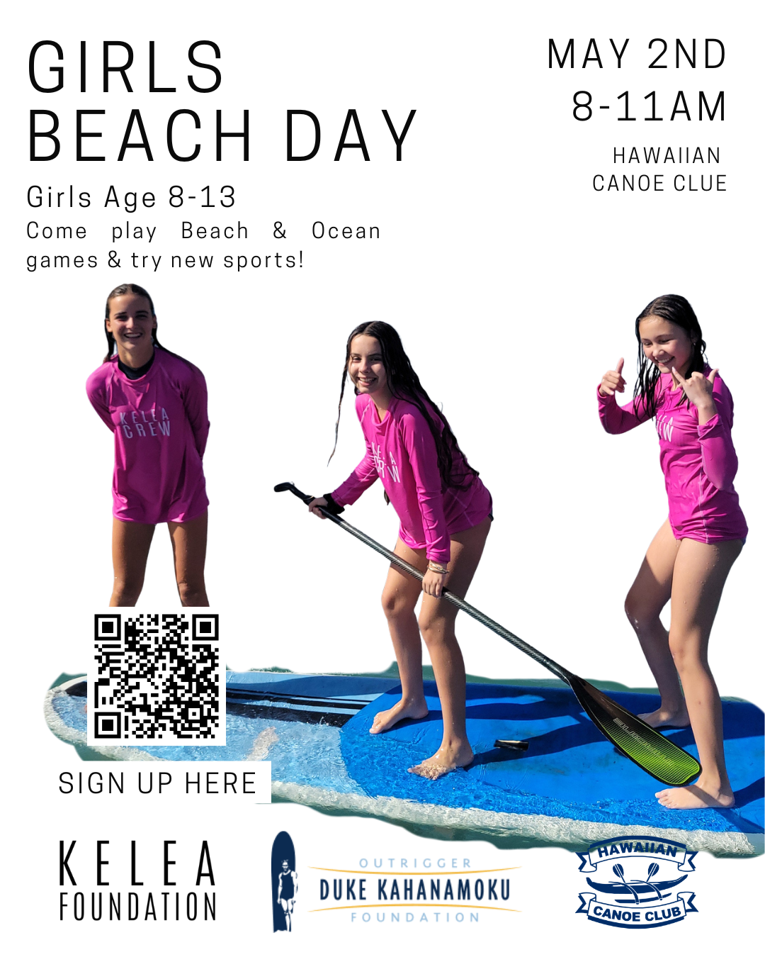 White flier with black text with event details. An image of three girls playing on a SUP board with the background of the image removed.