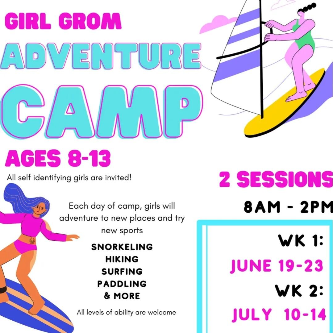 Announcing our Adventure Camp dates!!! We have two weeks this year! Go to our website to sign up! (ID: Flier that reads Adventure Camp ages 8-13. Cartoons of women surfing and windsurfing. More info at our website)
#KeleaCamp #KeleaCrew #GirlsInTheLi