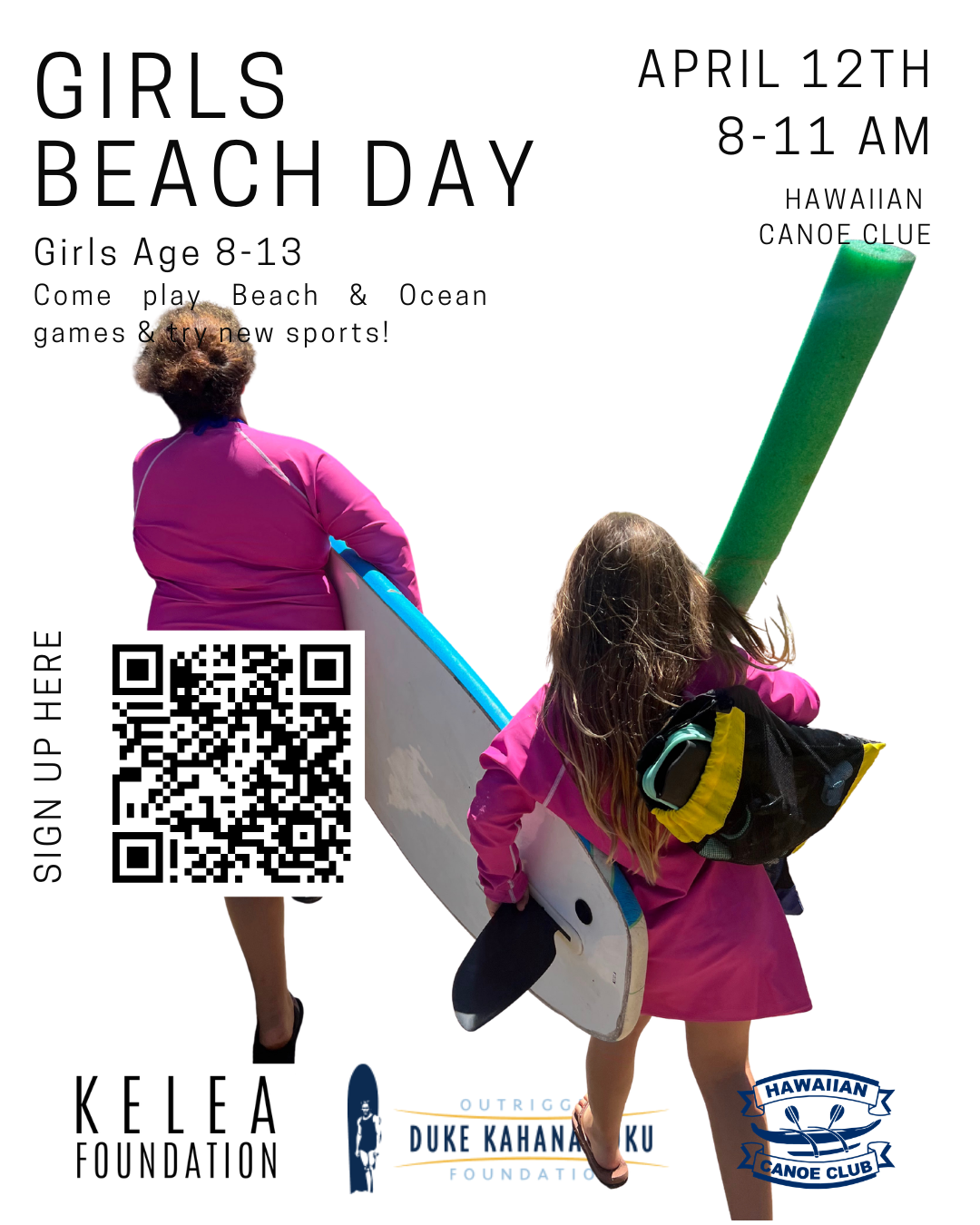 White background flyer with black text with event details. An image of two girls carrying a surfboard together, the background of the image is removed