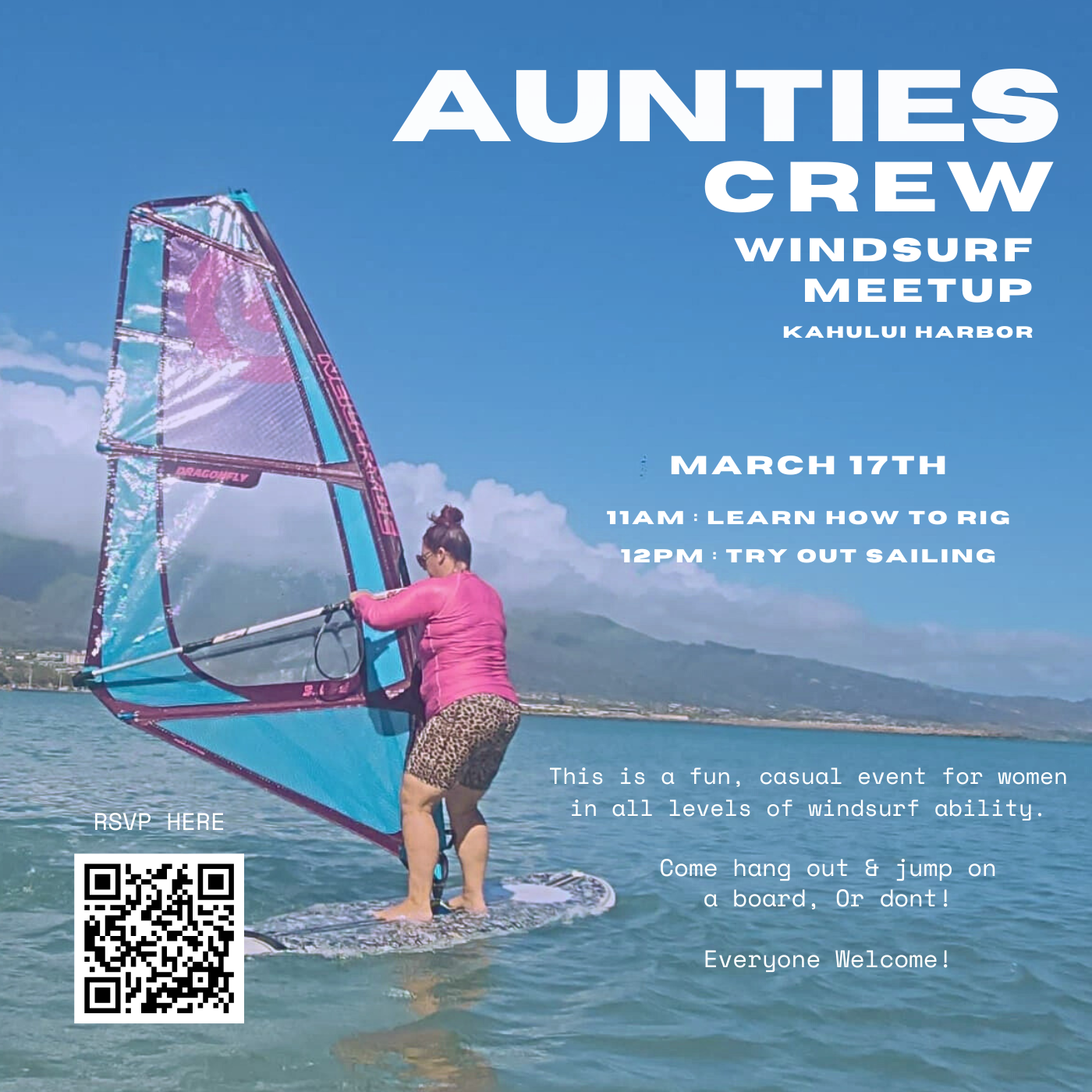 Image of a women beginner windsurfer on calm water. White text gives event details and sign up link in the blue spaces of the image