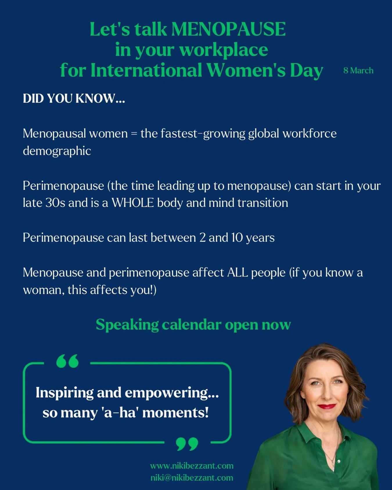 What&rsquo;s your workplace doing for International Women&rsquo;s Day? (8th March). Yes, that&rsquo;s a Sunday, but don&rsquo;t let that be a reason for it to pass by un-marked in your organisation. 

If you haven&rsquo;t started the menopause conver