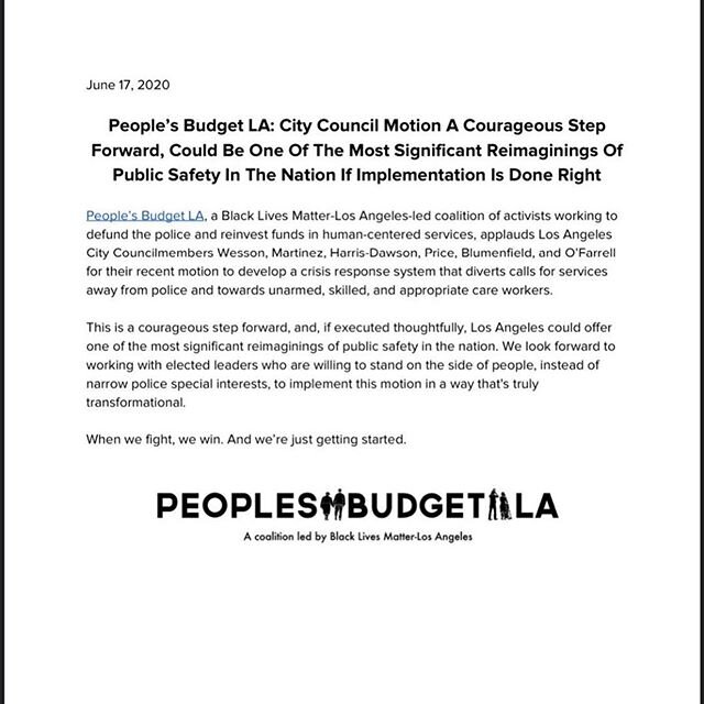 From @blmlosangeles: This motion can be transformational if implemented boldly, thoughtfully, and with people at the center. We look forward to working with courageous leaders to divest from policing and invest in community. #DefundThePolice #Reimagi