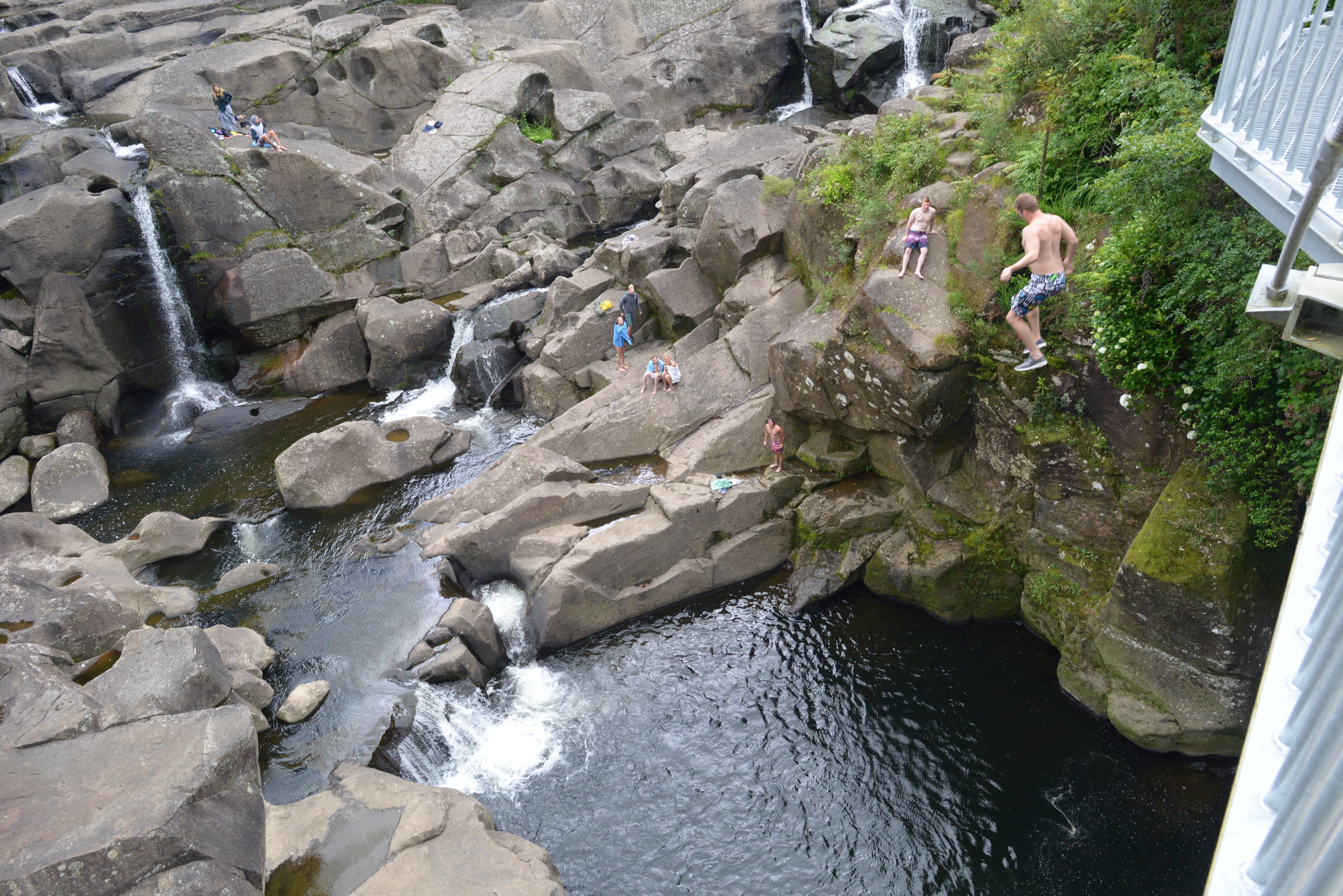 Woohoo! Teens jumping off the bridge (actually not allowed) into Maclaren Falls.