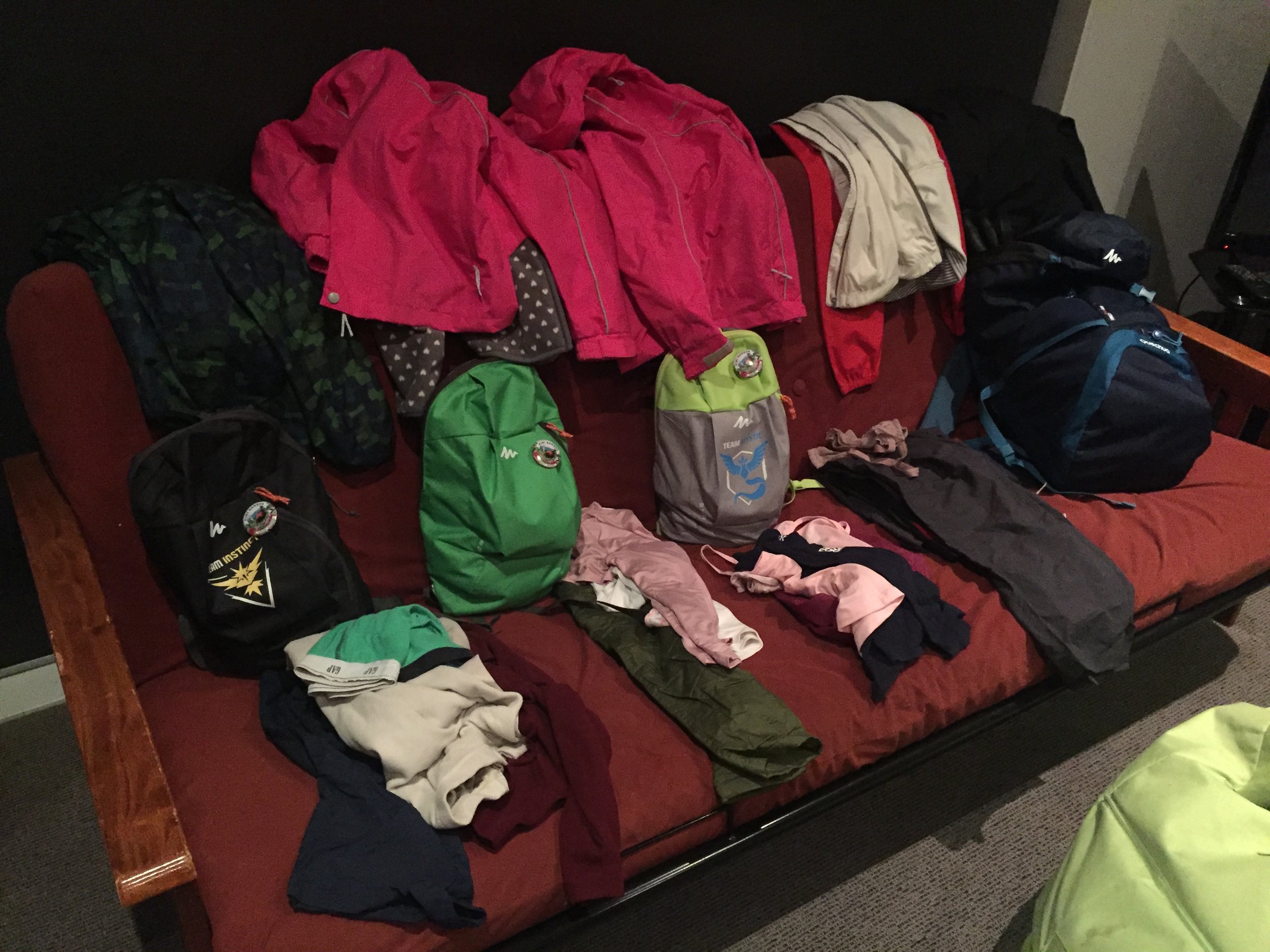 Laying out the clothes and bags the night before, ready for the early morning start.